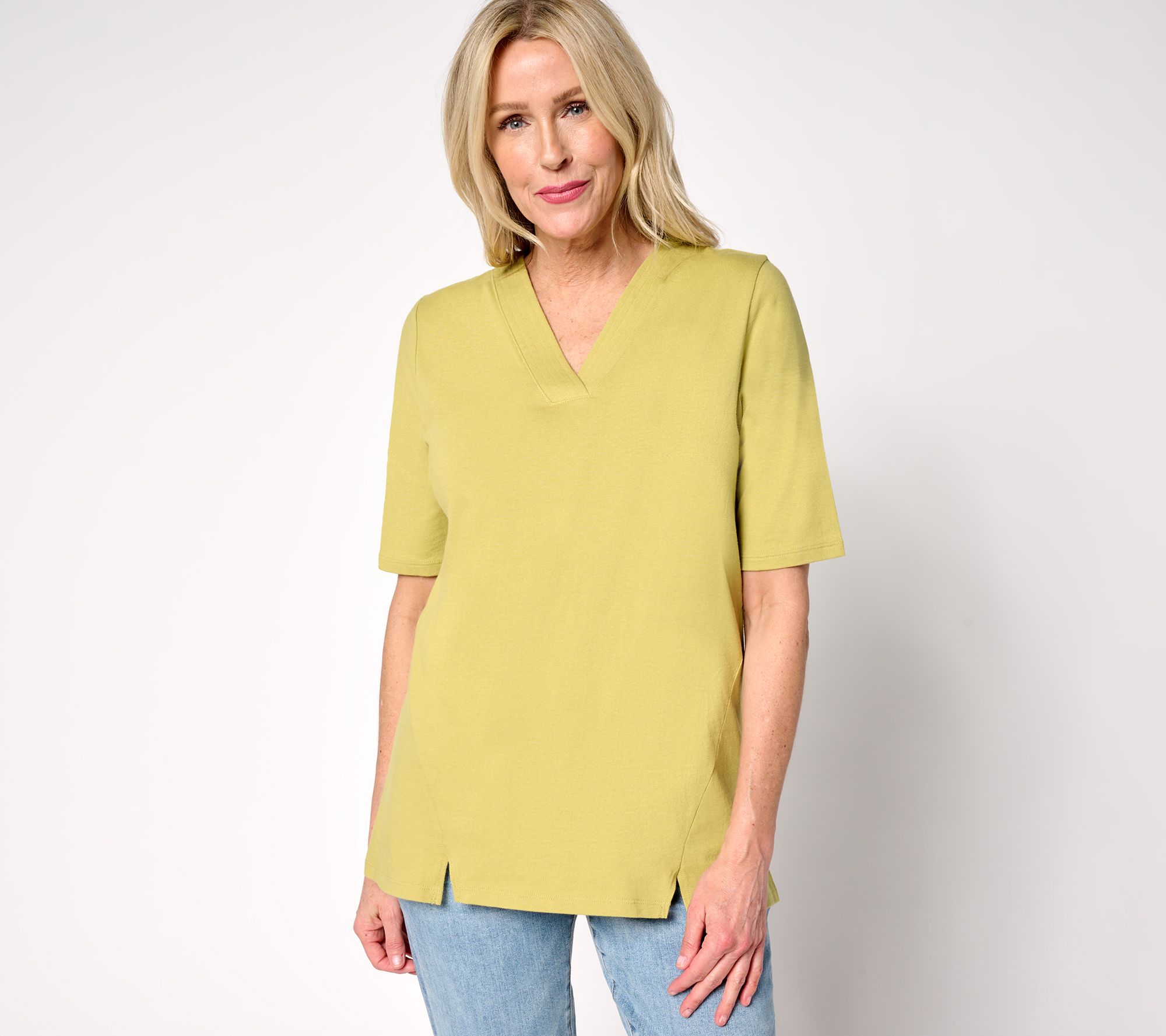 Denim & Co. Essentials True Cotton V-Neck Top with Slit Hem
