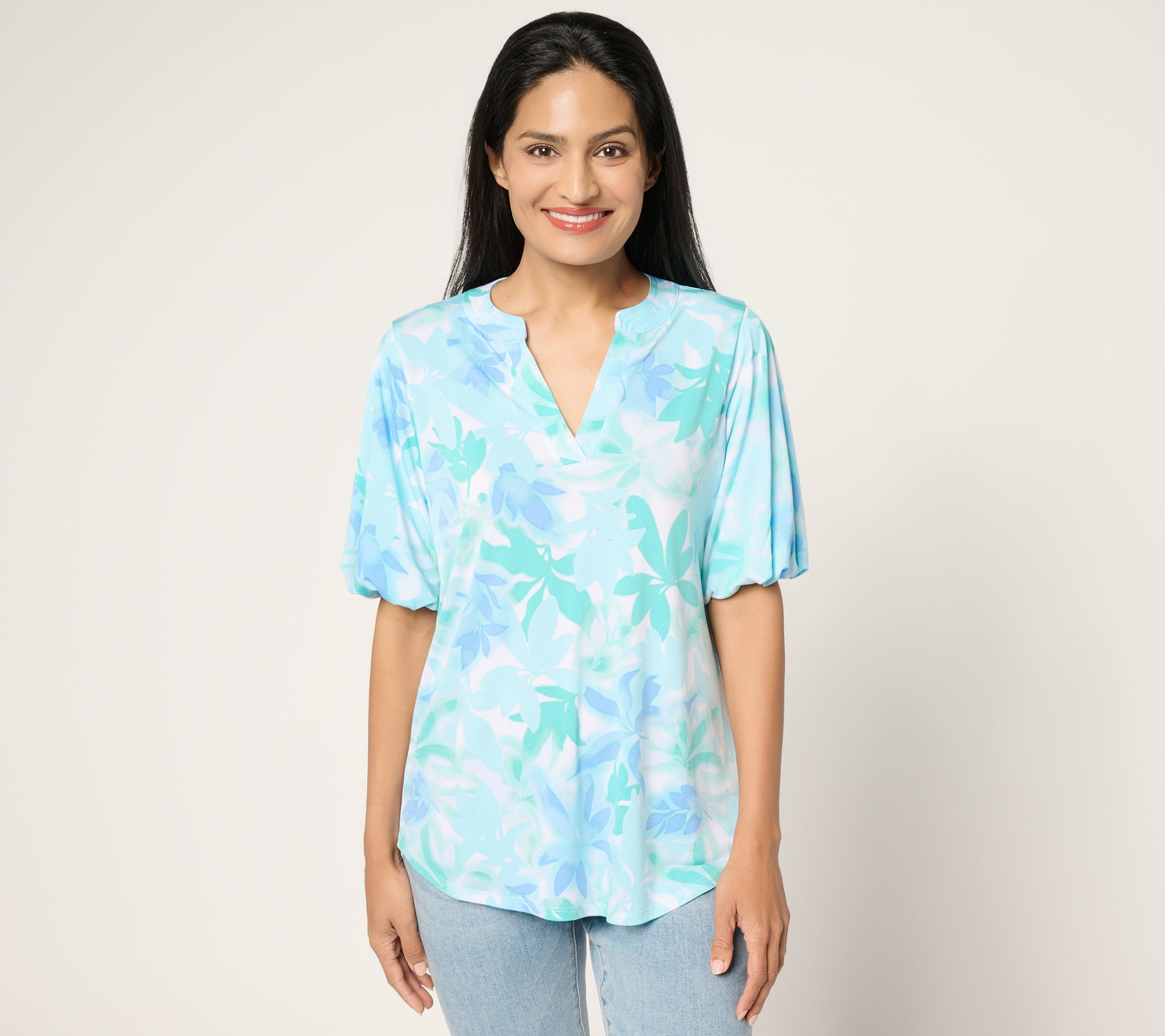 Susan Graver Printed Liquid Knit Split Neck Blouson Sleeve Top