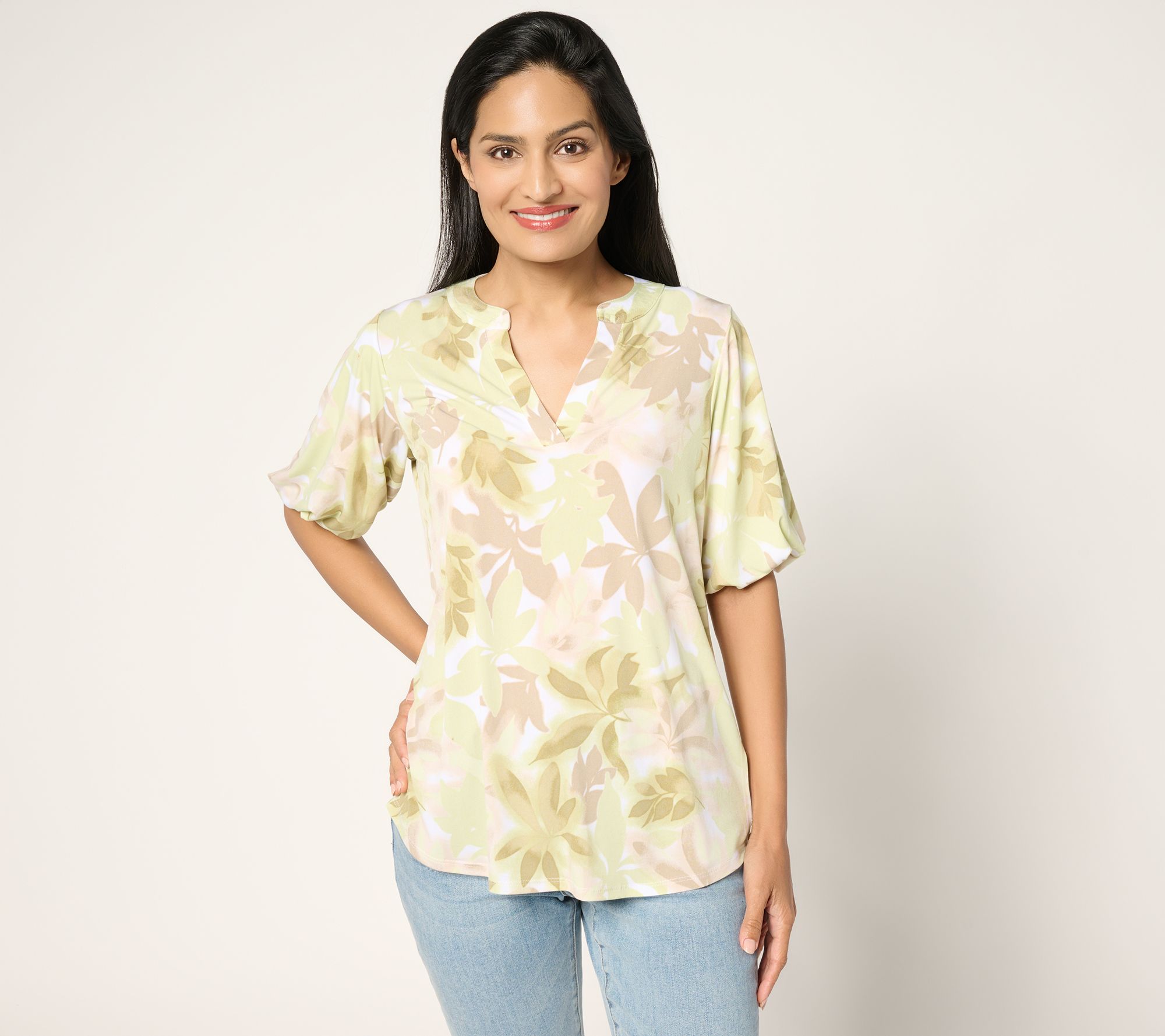Susan Graver Printed Liquid Knit Split Neck Blouson Sleeve Top