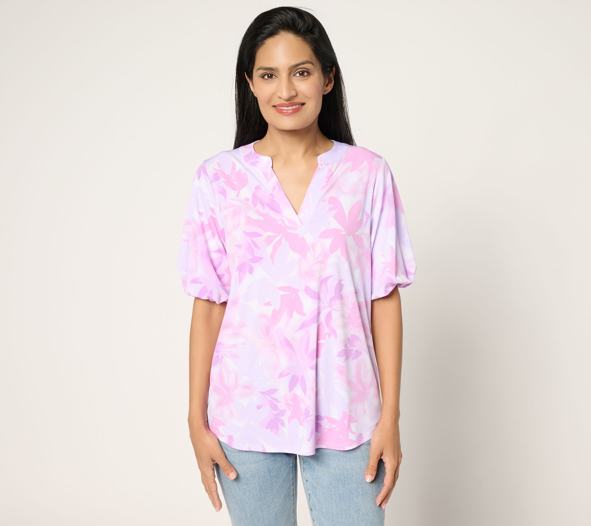 Susan Graver Printed Liquid Knit Split Neck Blouson Sleeve Top