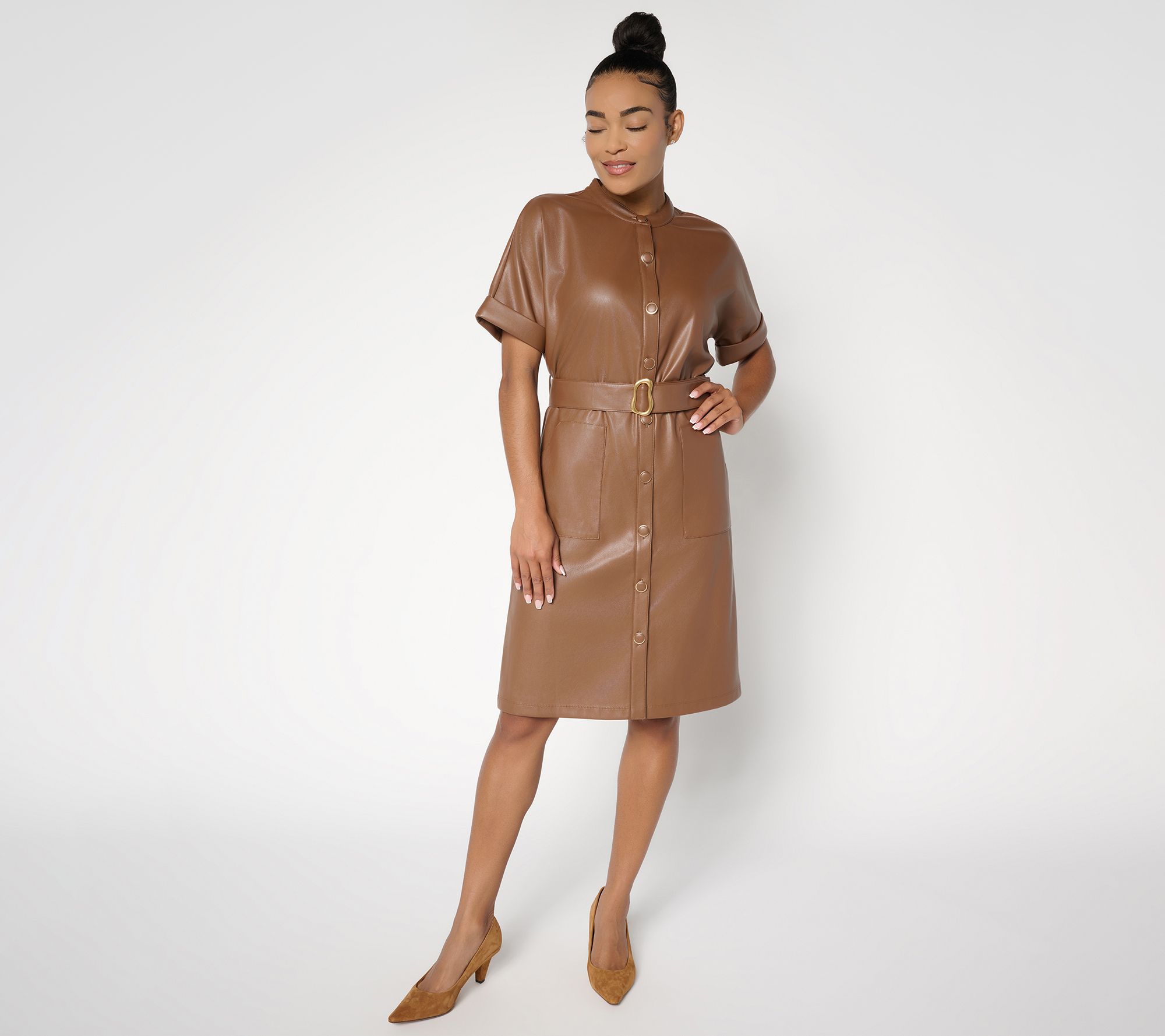 GRAVER Susan Graver Regular Faux Leather Button Front Dress