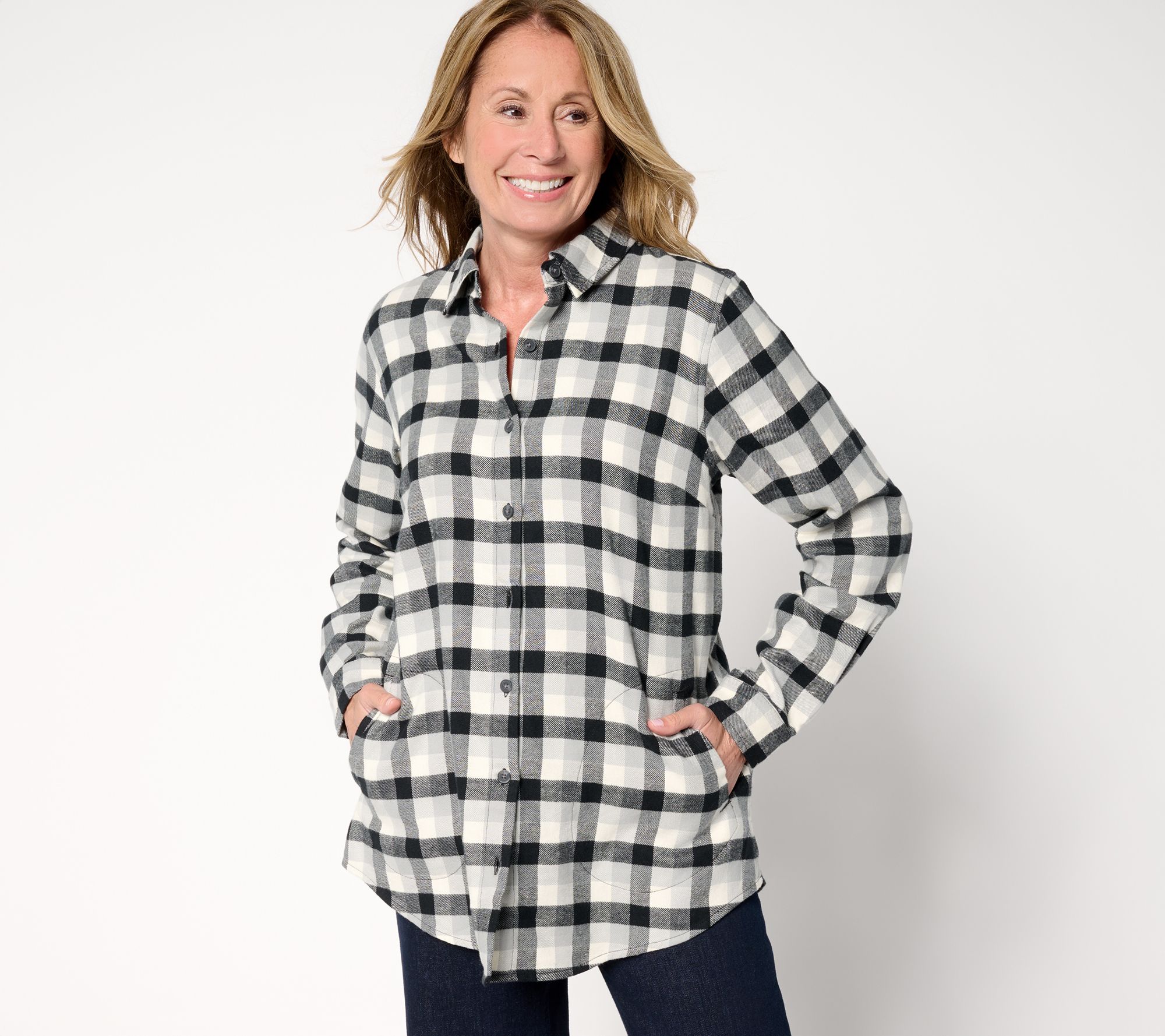 Joan Rivers Regular Flannel Buffalo Check Shirt with Back Buttons