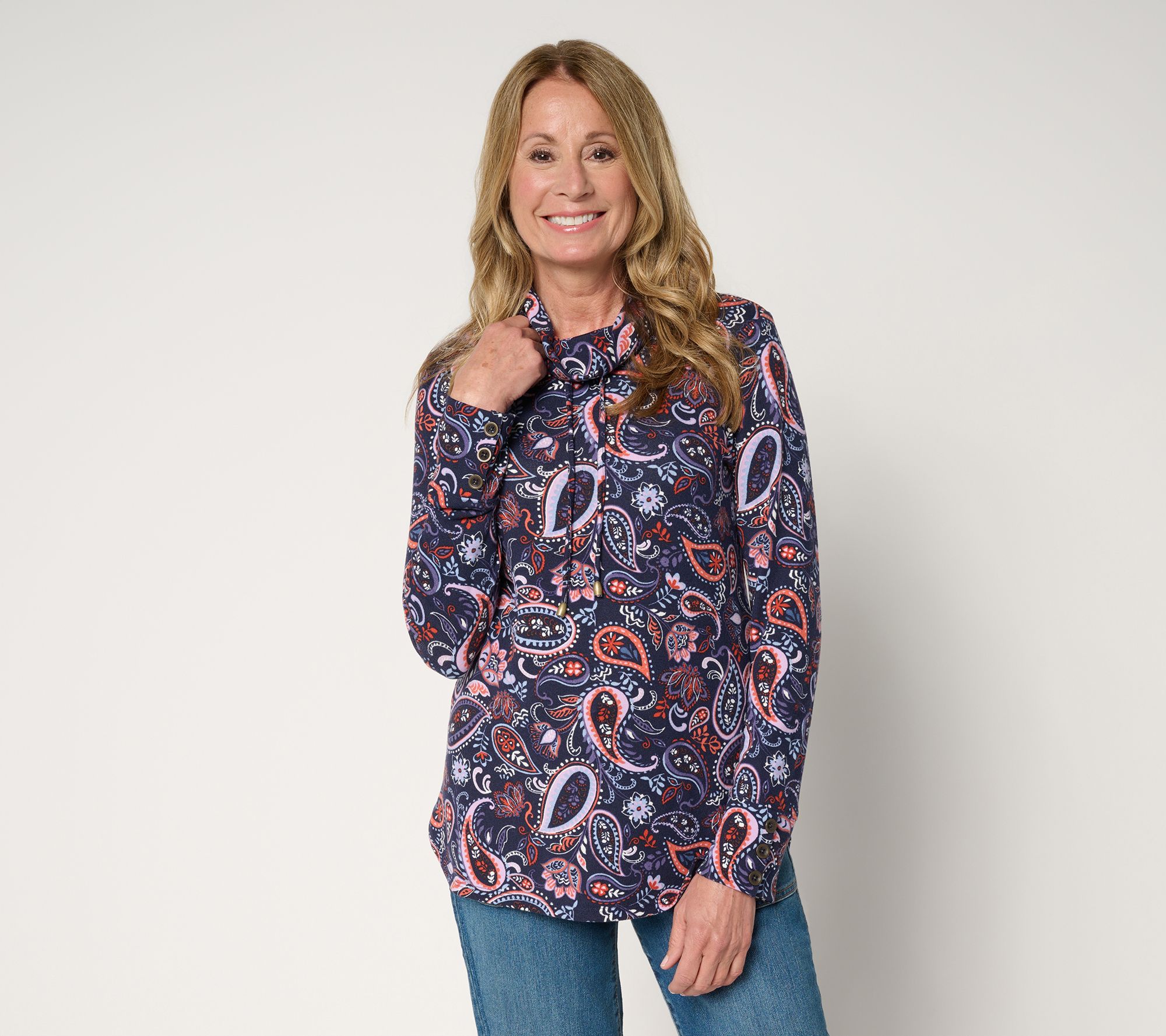 Denim & Co. Heavenly Jersey Funnel Neck Printed Top w/ Cuff