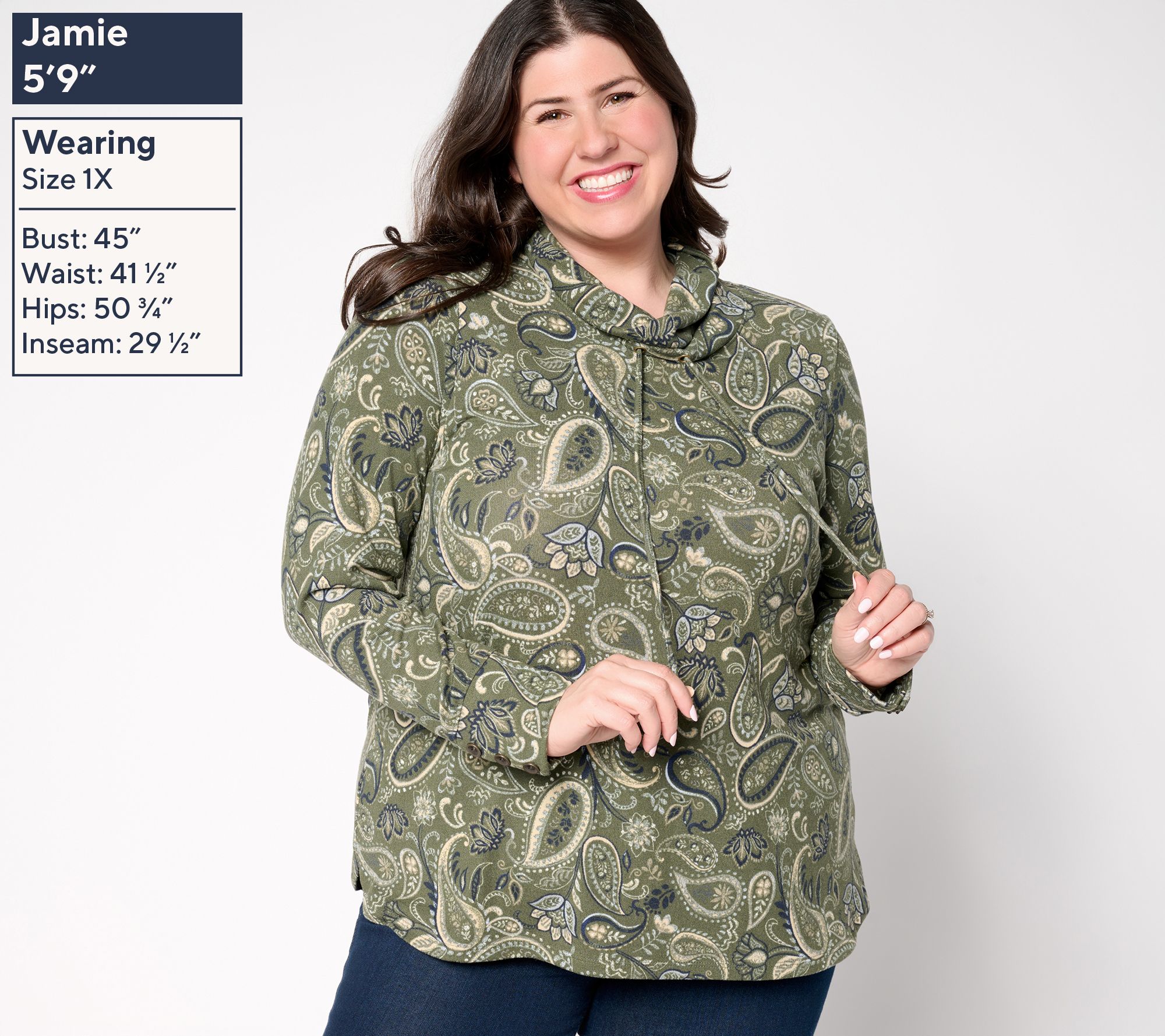 Denim & Co. Heavenly Jersey Funnel Neck Printed Top w/ Cuff