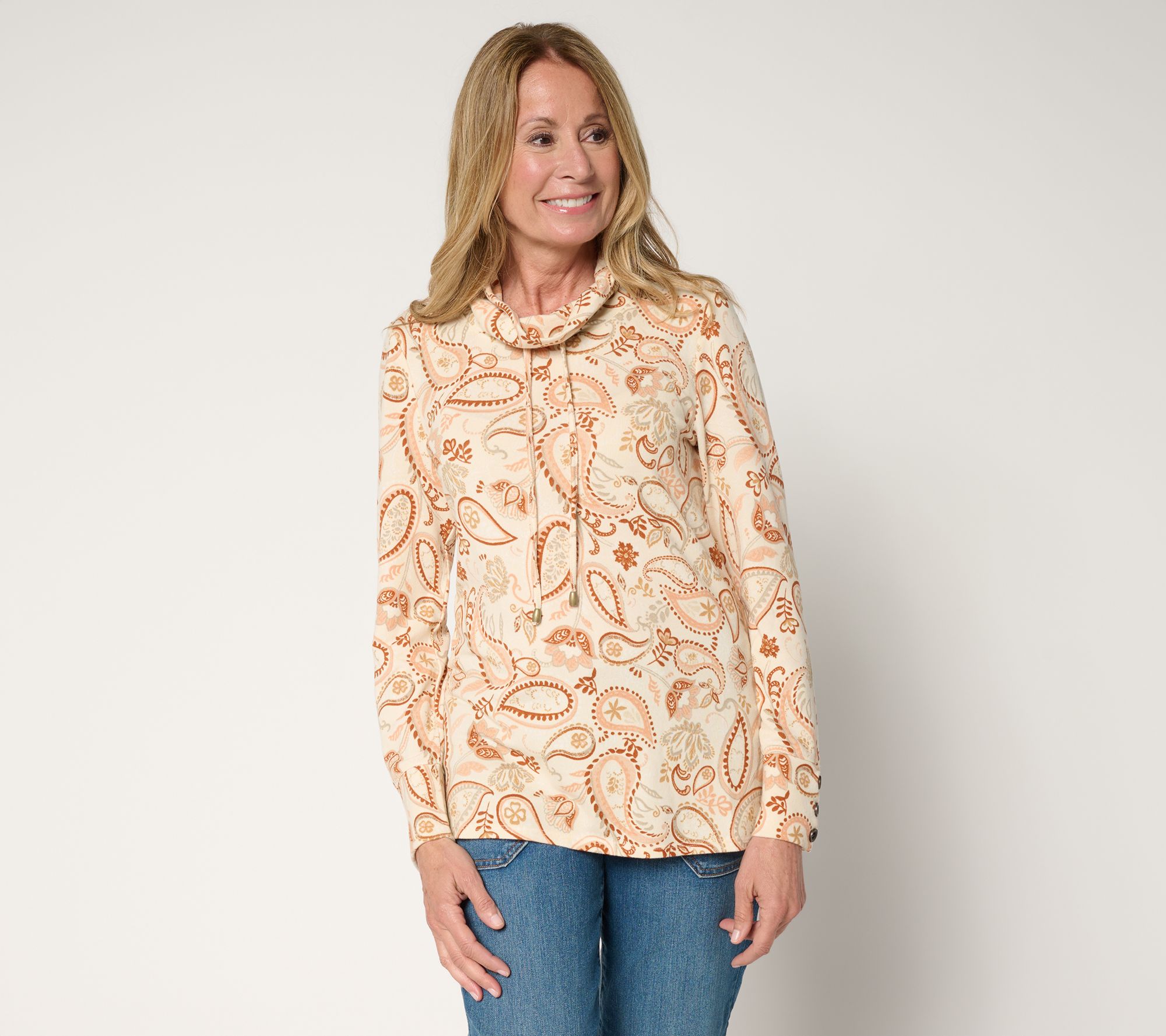 Denim & Co. Heavenly Jersey Funnel Neck Printed Top w/ Cuff Detail