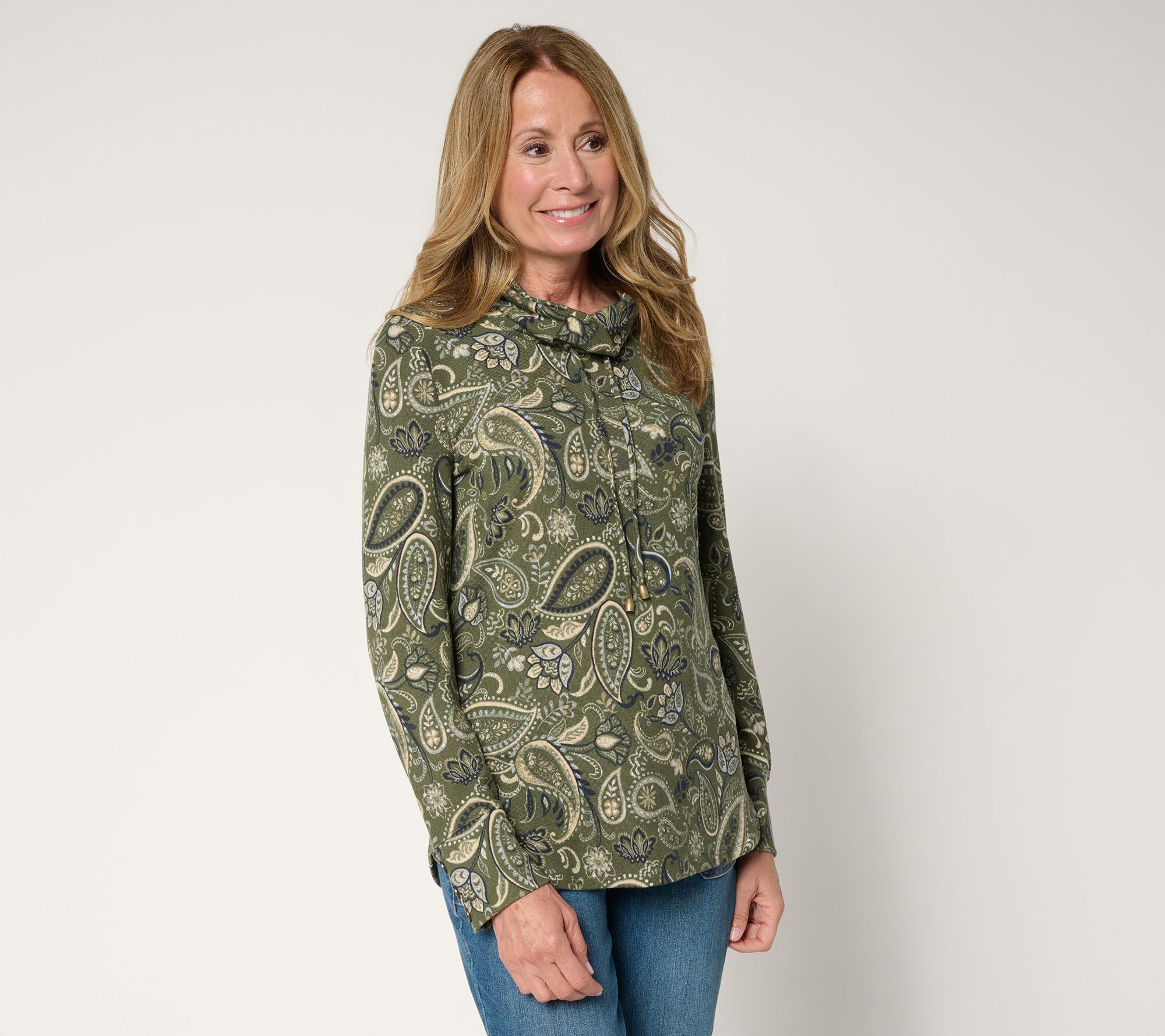 Denim & Co. Heavenly Jersey Funnel Neck Printed Top w/ Cuff Detail