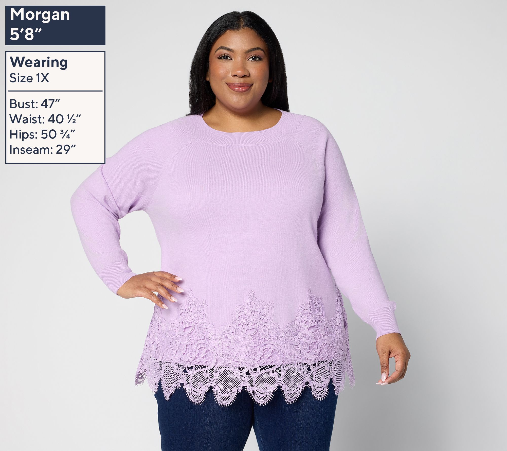 LOGO Lavish by Lori Goldstein Cotton Cashmere Lace Hem Sweater