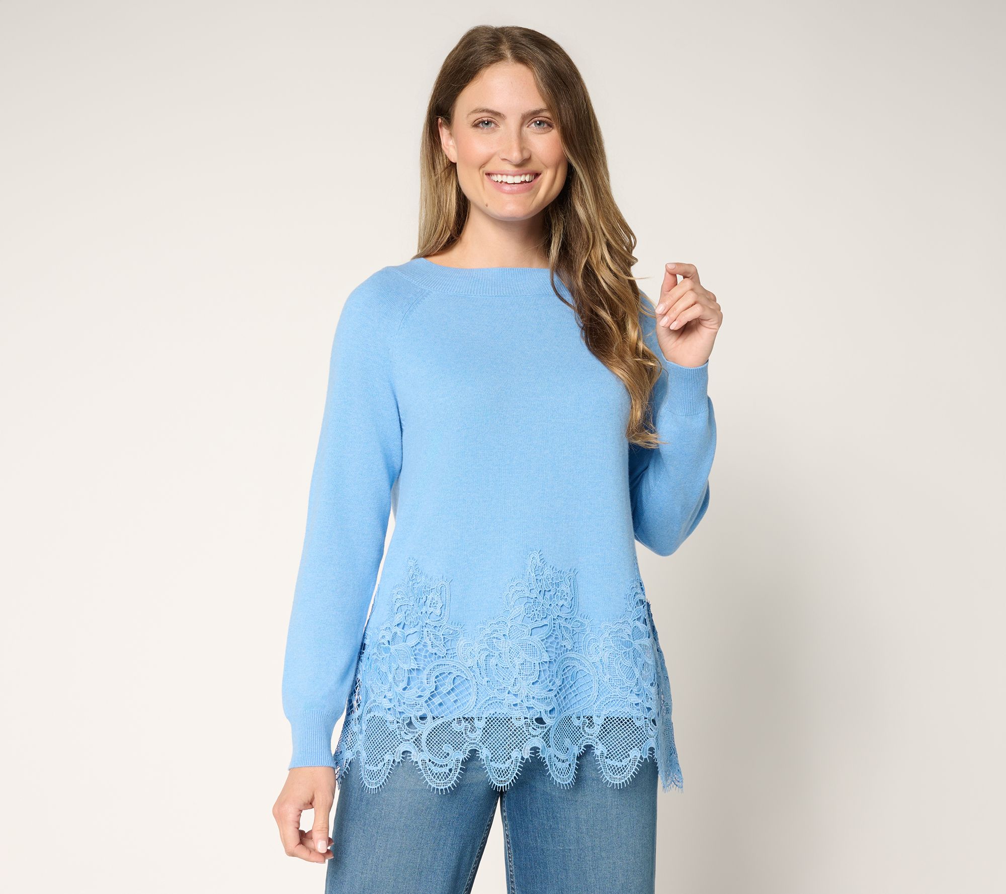 LOGO Lavish by Lori Goldstein Cotton Cashmere Lace Hem Sweater