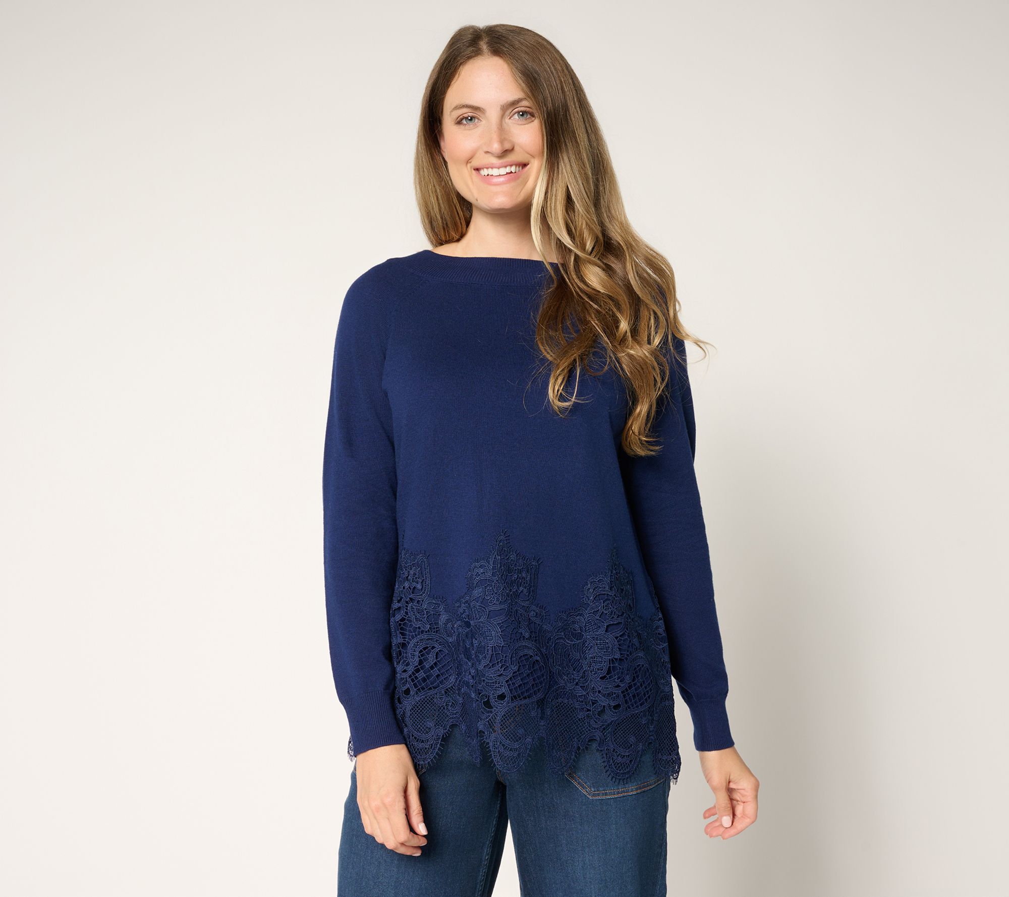 LOGO Lavish by Lori Goldstein Cotton Cashmere Lace Hem Sweater