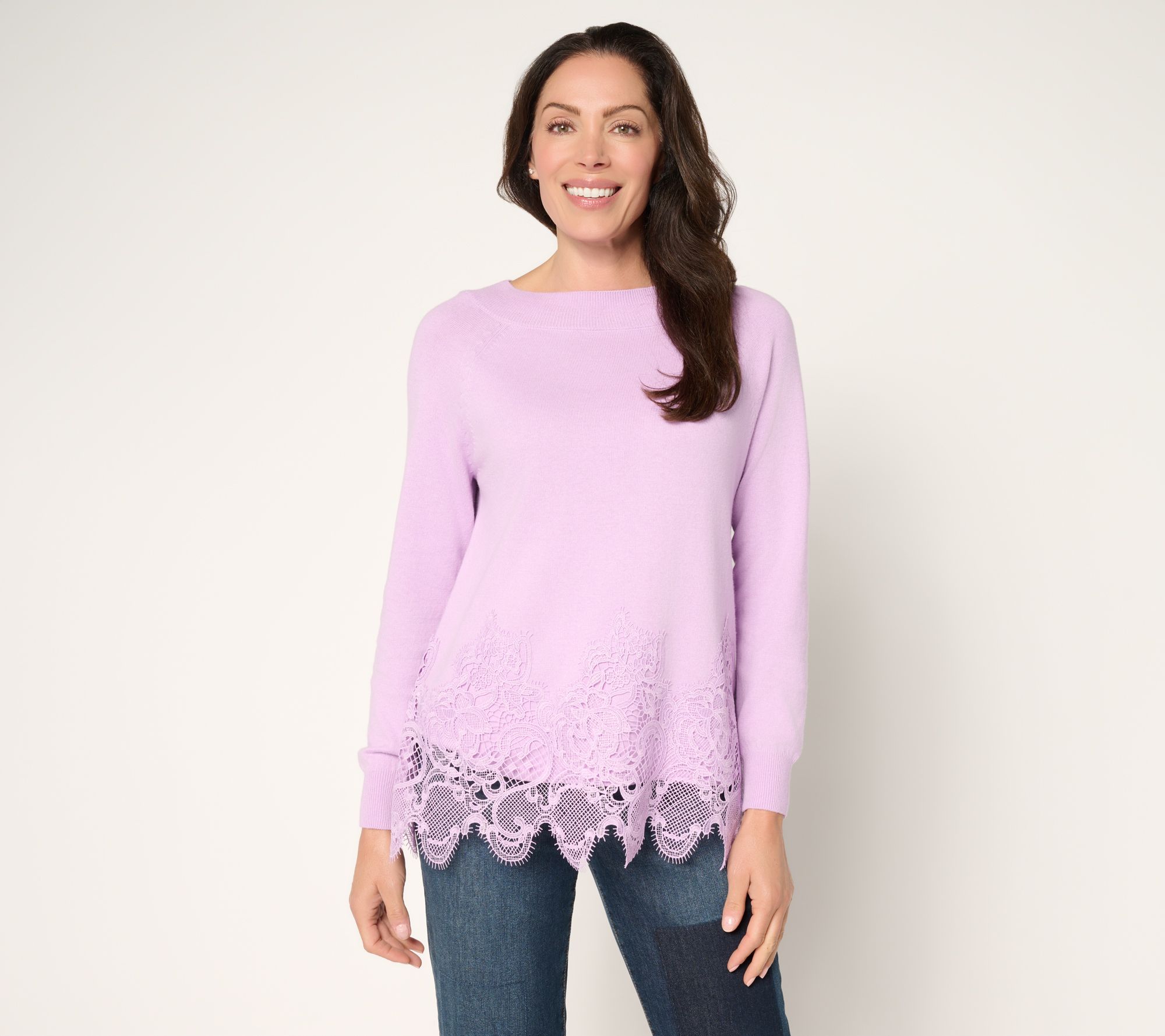 LOGO Lavish by Lori Goldstein Cotton Cashmere Lace Hem Sweater