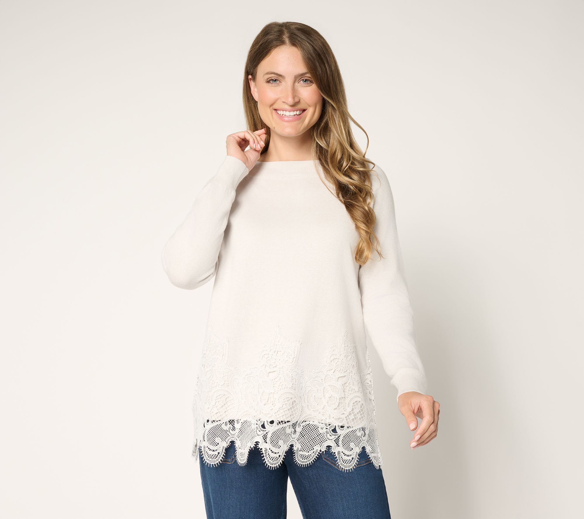 LOGO Lavish by Lori Goldstein Cotton Cashmere Lace Hem Sweater