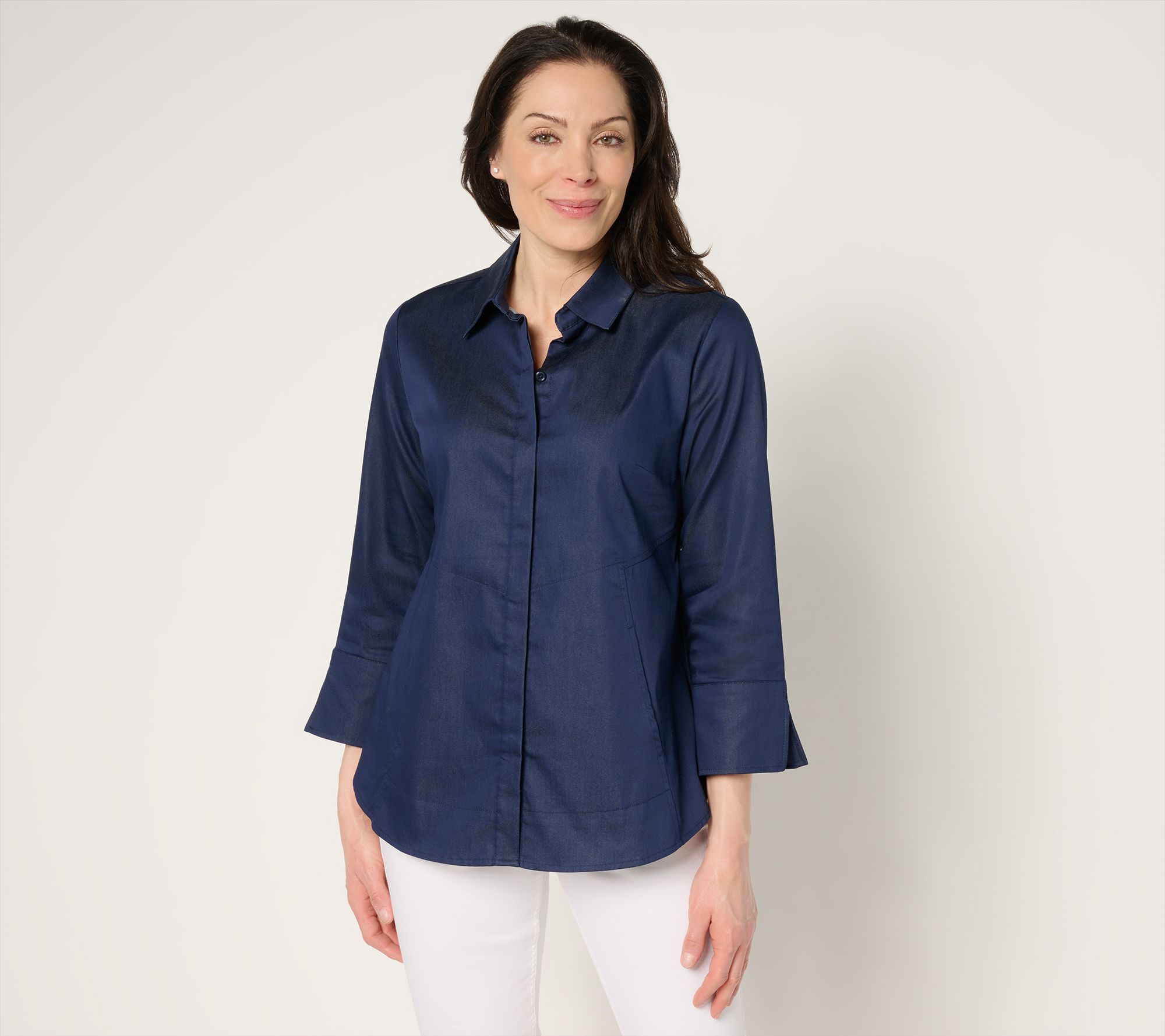 "As Is" Joan Rives Cotton Stretch Sateen Button Front Shirt w/Pockets