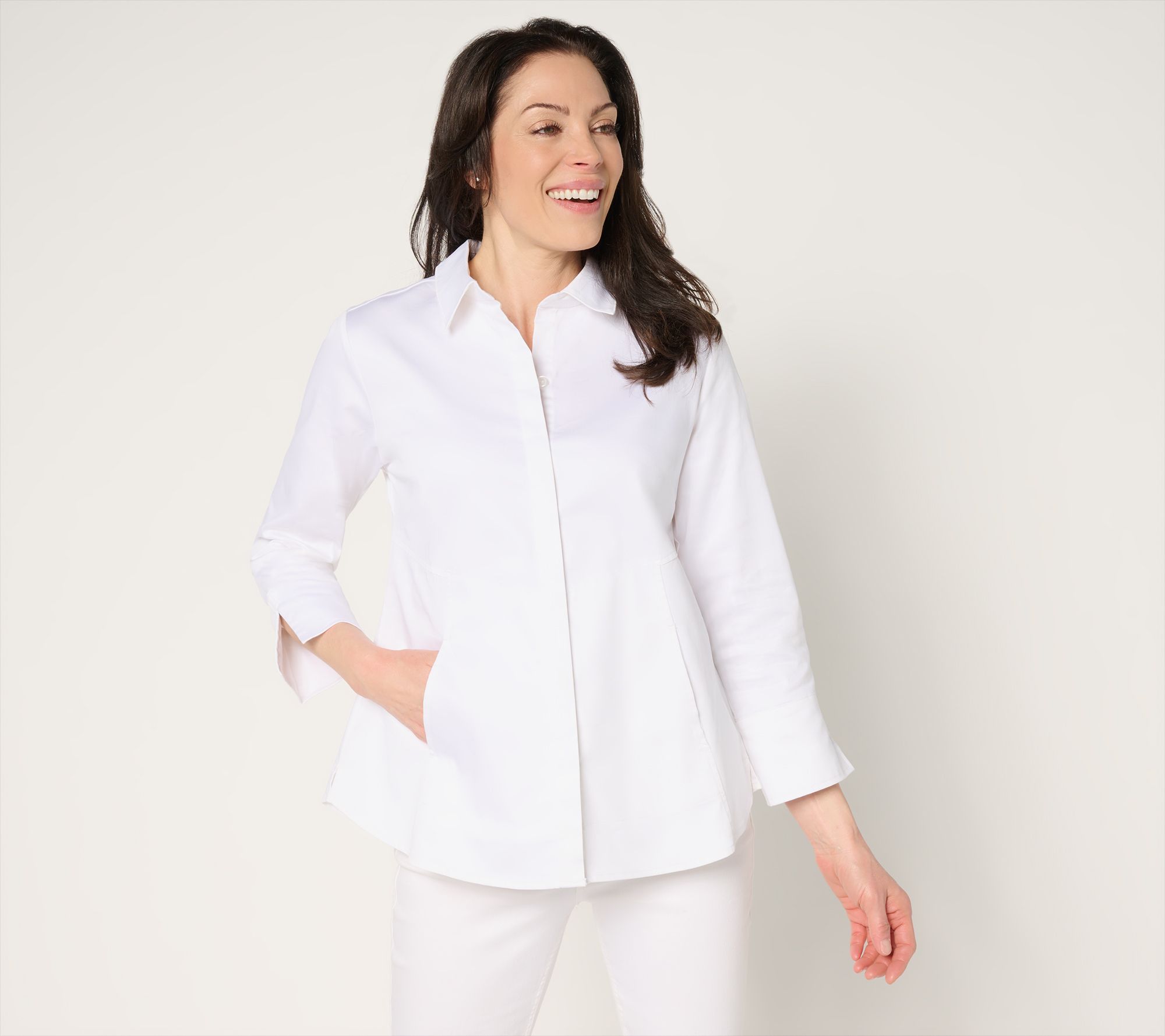 "As Is" Joan Rives Cotton Stretch Sateen Button Front Shirt w/Pockets