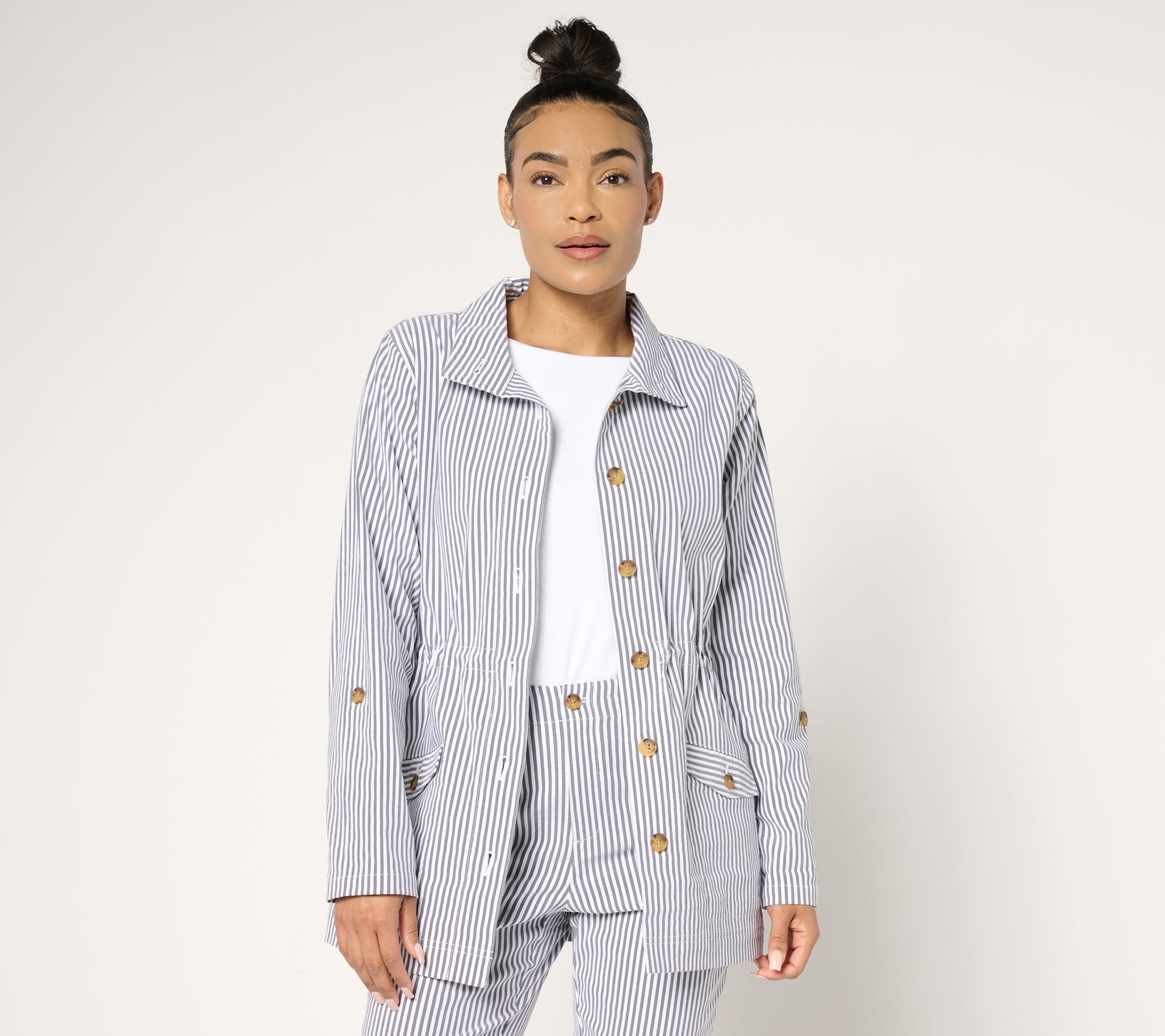 "As Is" Joan Rivers Striped Stretch Seersucker Adj. Waist Jacket