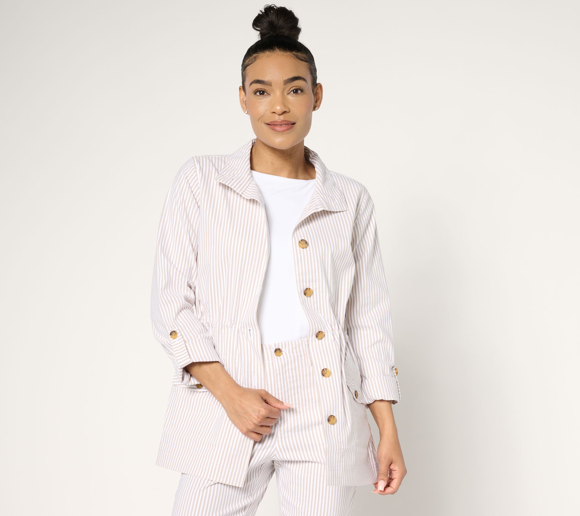 "As Is" Joan Rivers Striped Stretch Seersucker Adj. Waist Jacket