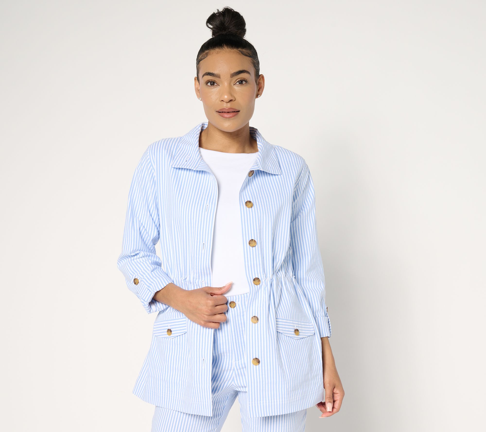 "As Is" Joan Rivers Striped Stretch Seersucker Adj. Waist Jacket