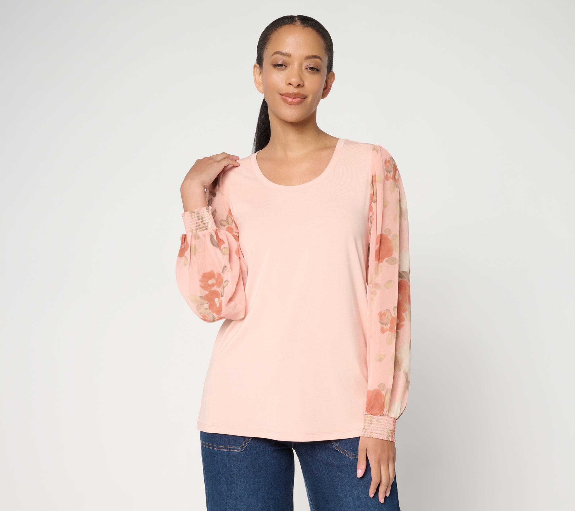  Ree by the Pioneer Woman Mixed Media Printed Sleeve Round Neck Top