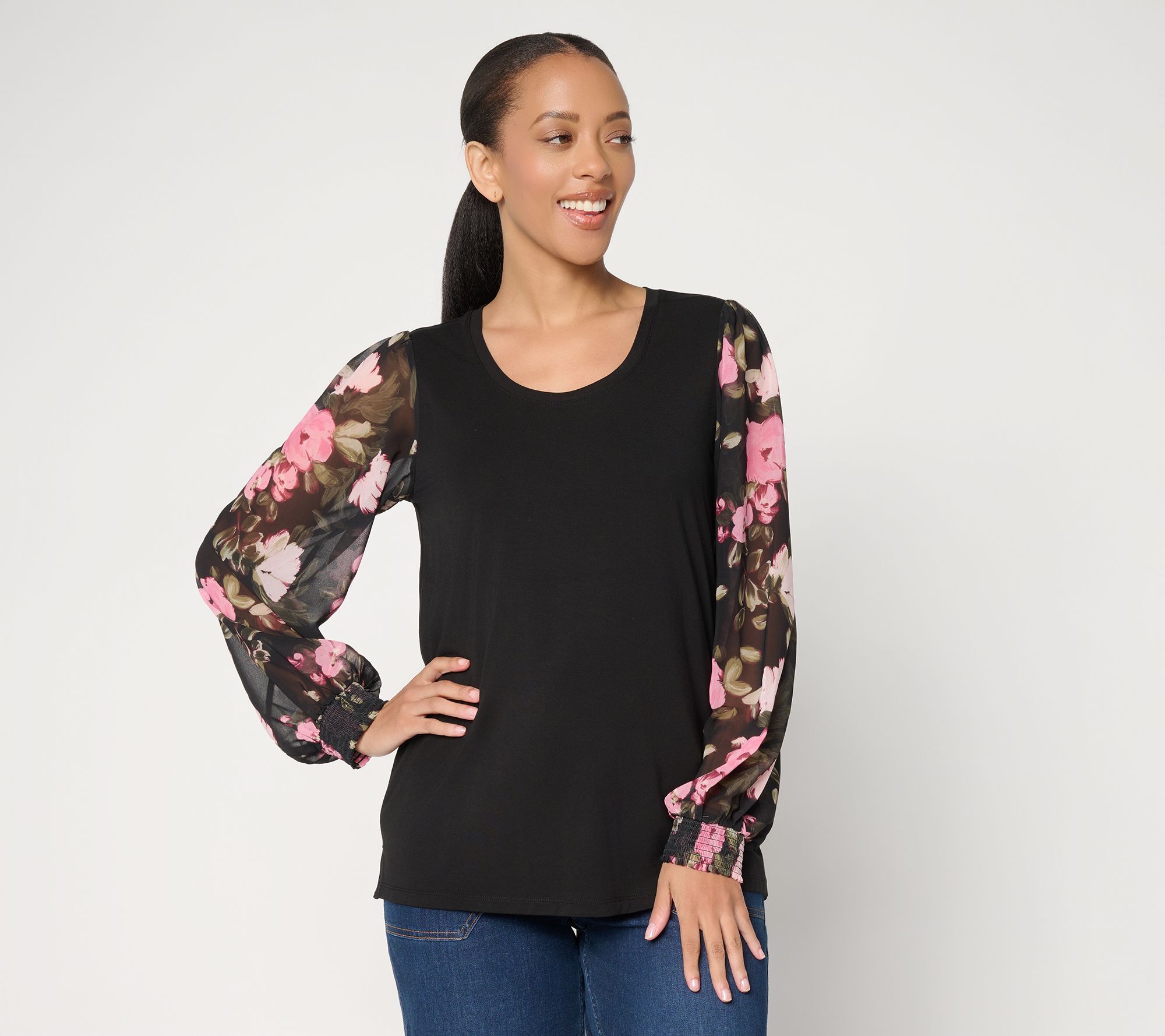 Ree by the Pioneer Woman Mixed Media Printed Sleeve Round Neck Top