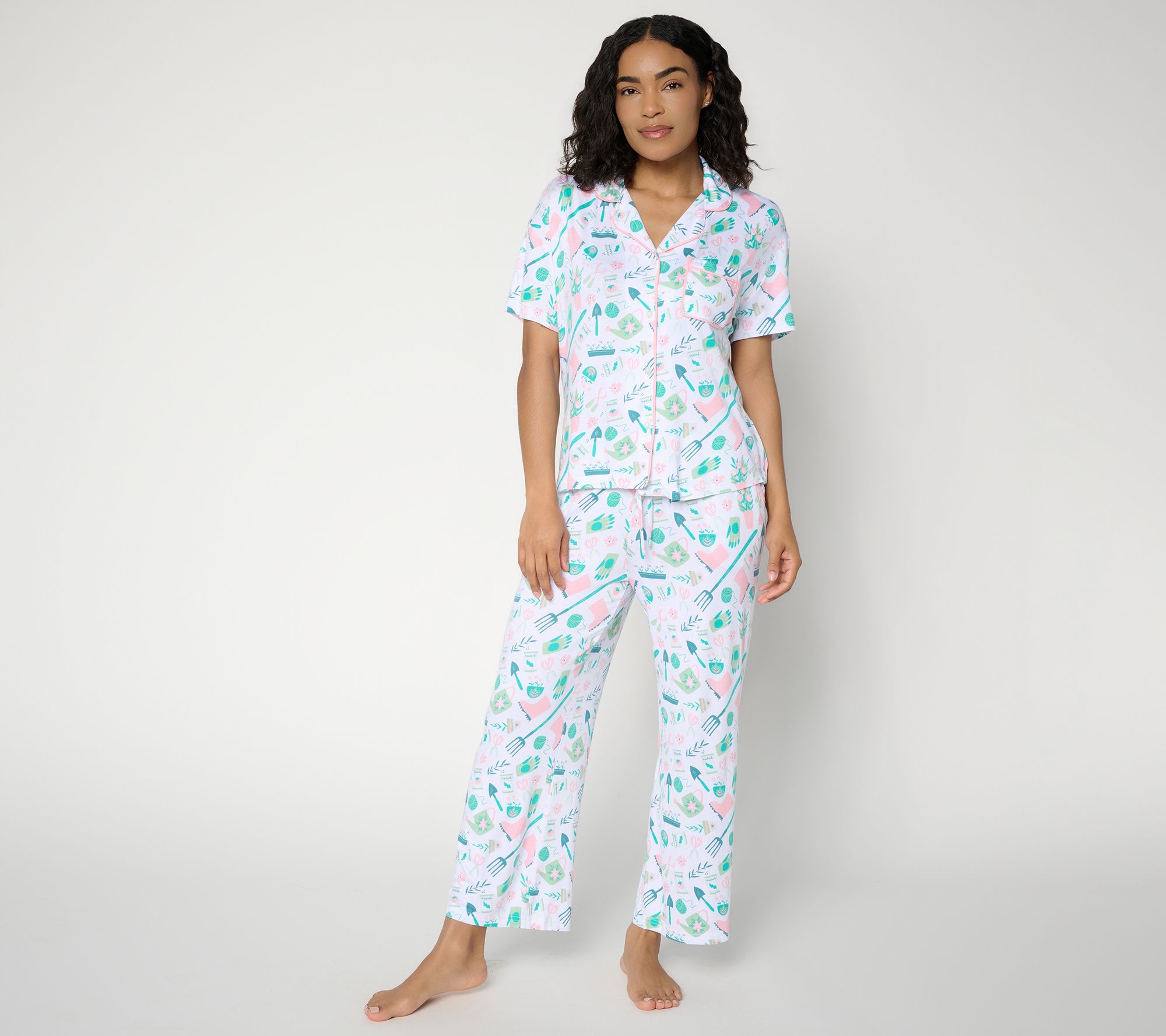 MUK LUKS Contrast Trim Notch Collar and Cropped Pant Pajama Set
