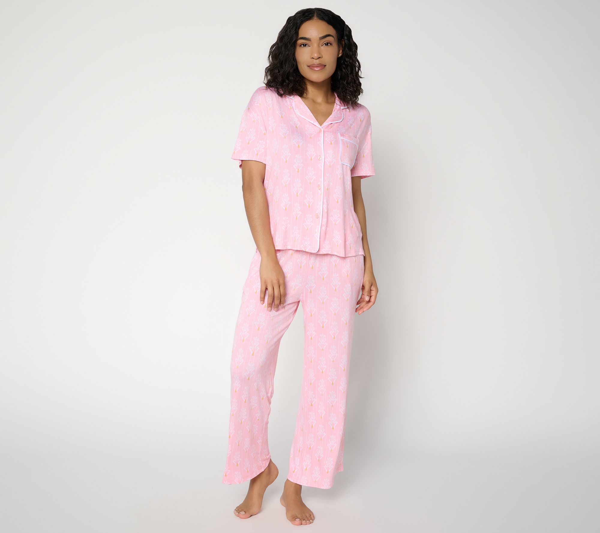 MUK LUKS Contrast Trim Notch Collar and Cropped Pant Pajama Set