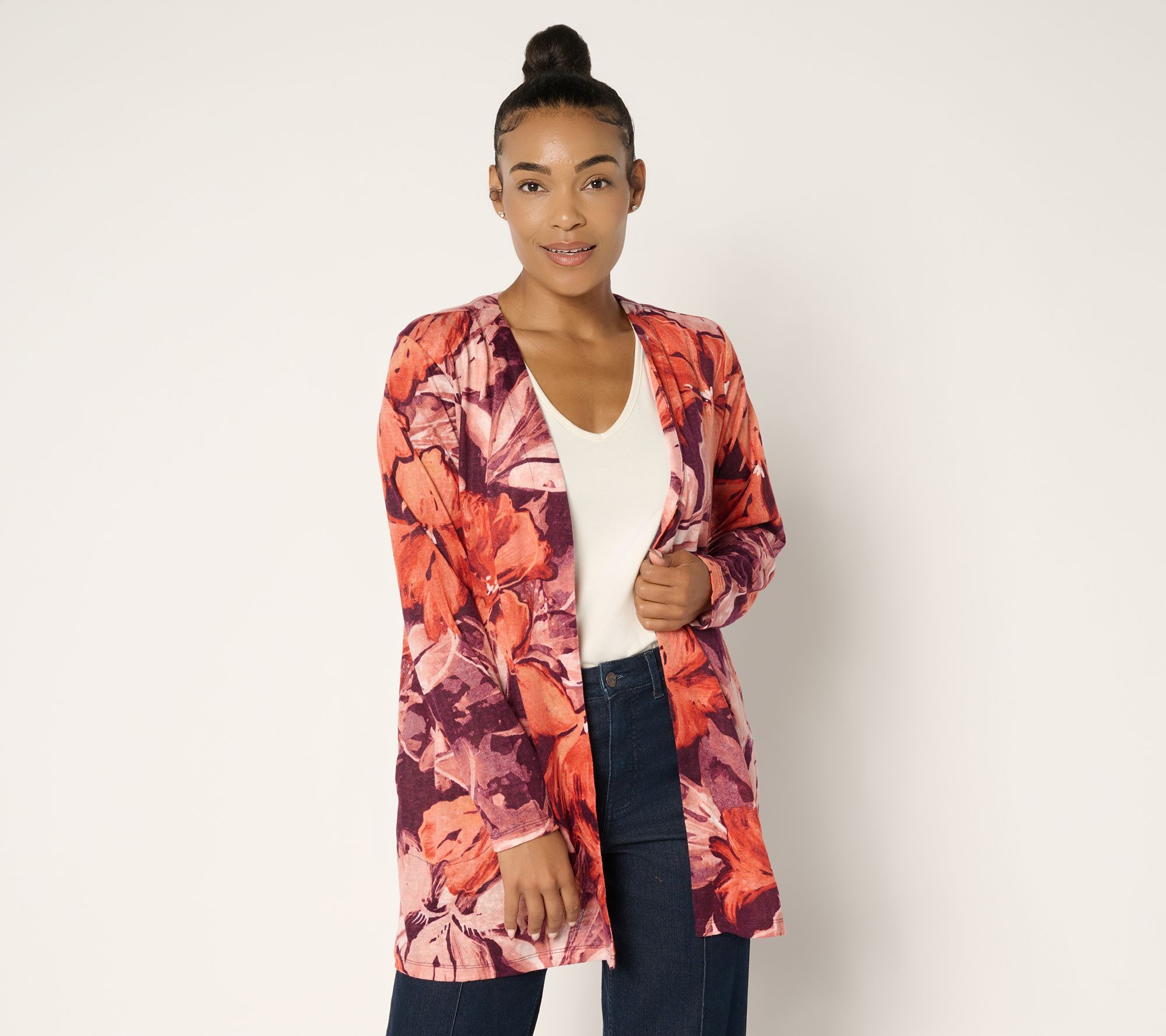 "As Is" Denim & Co. Regular Printed Slub Knit Cardigan Duster
