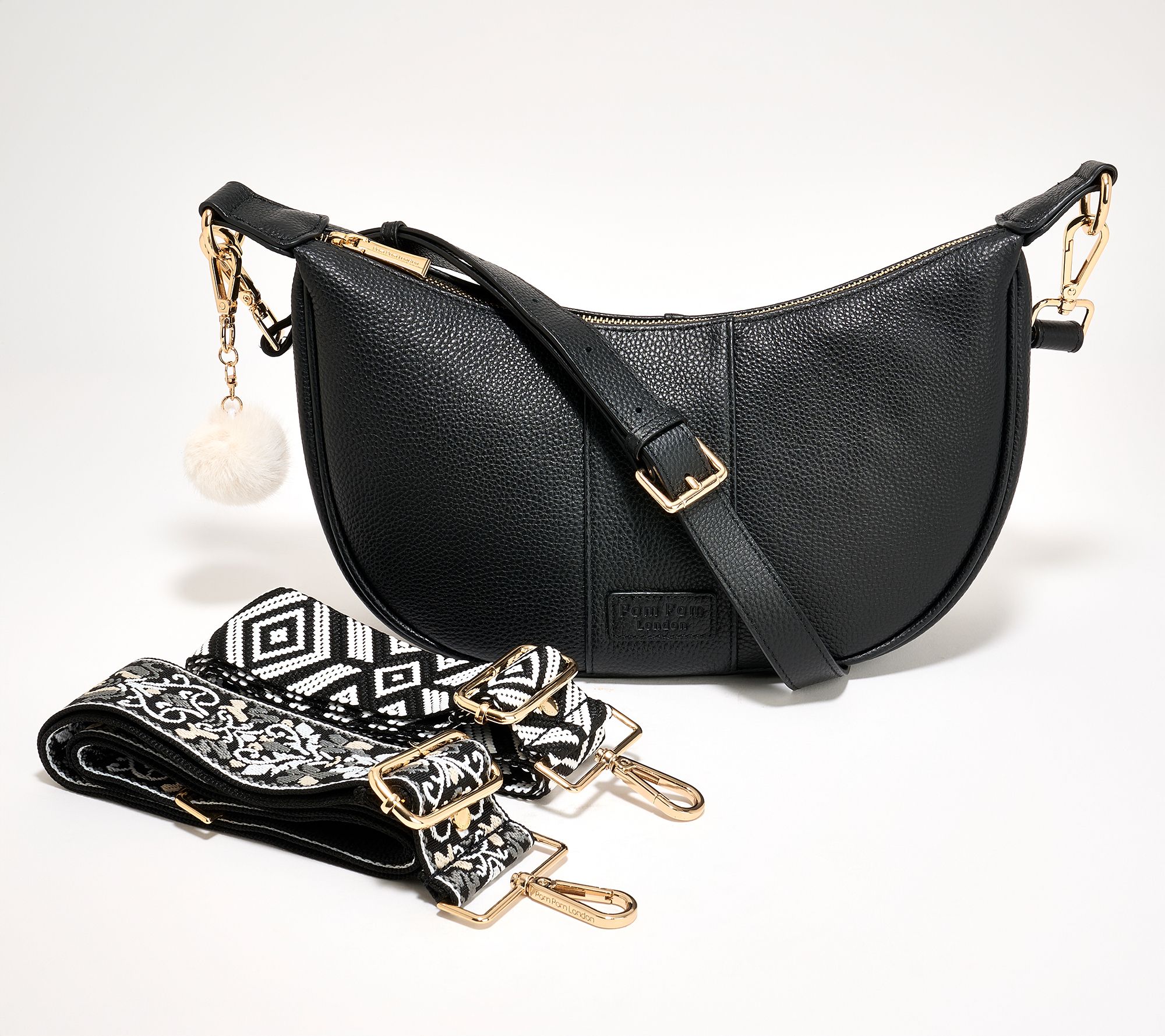 Pom Pom London Leather Sutton Crescent Shoulder Bag w/ 3 Straps