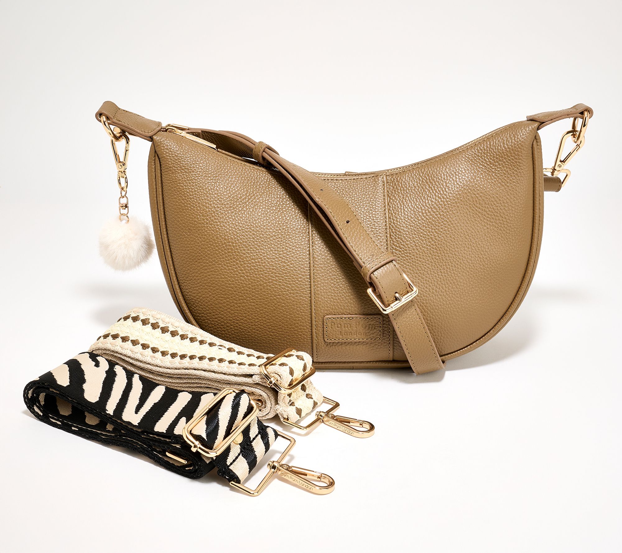 Pom Pom London Leather Sutton Crescent Shoulder Bag w/ 3 Straps