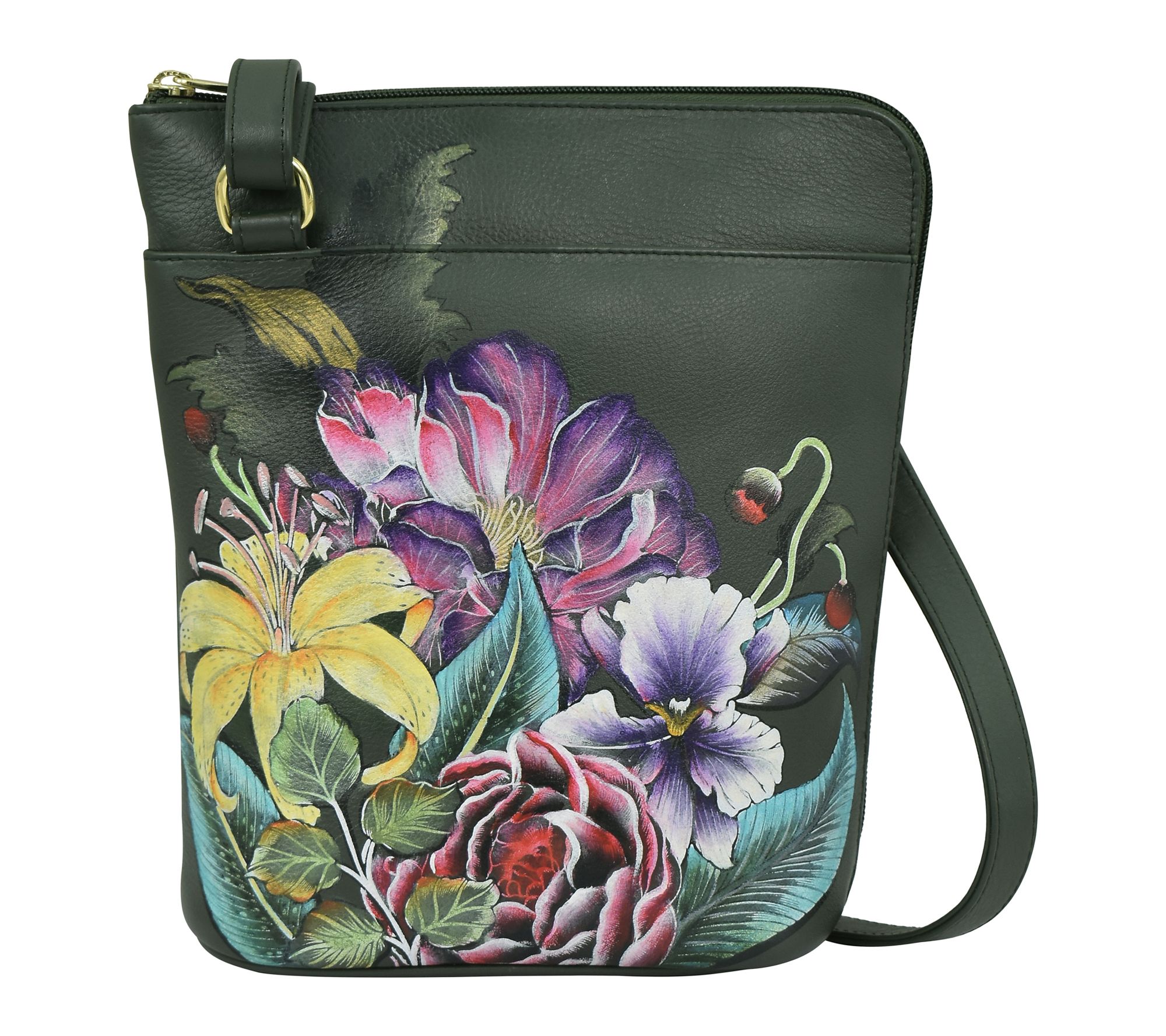 Anuschka Painte d Leather Cross body w/ Large Z ip Opening