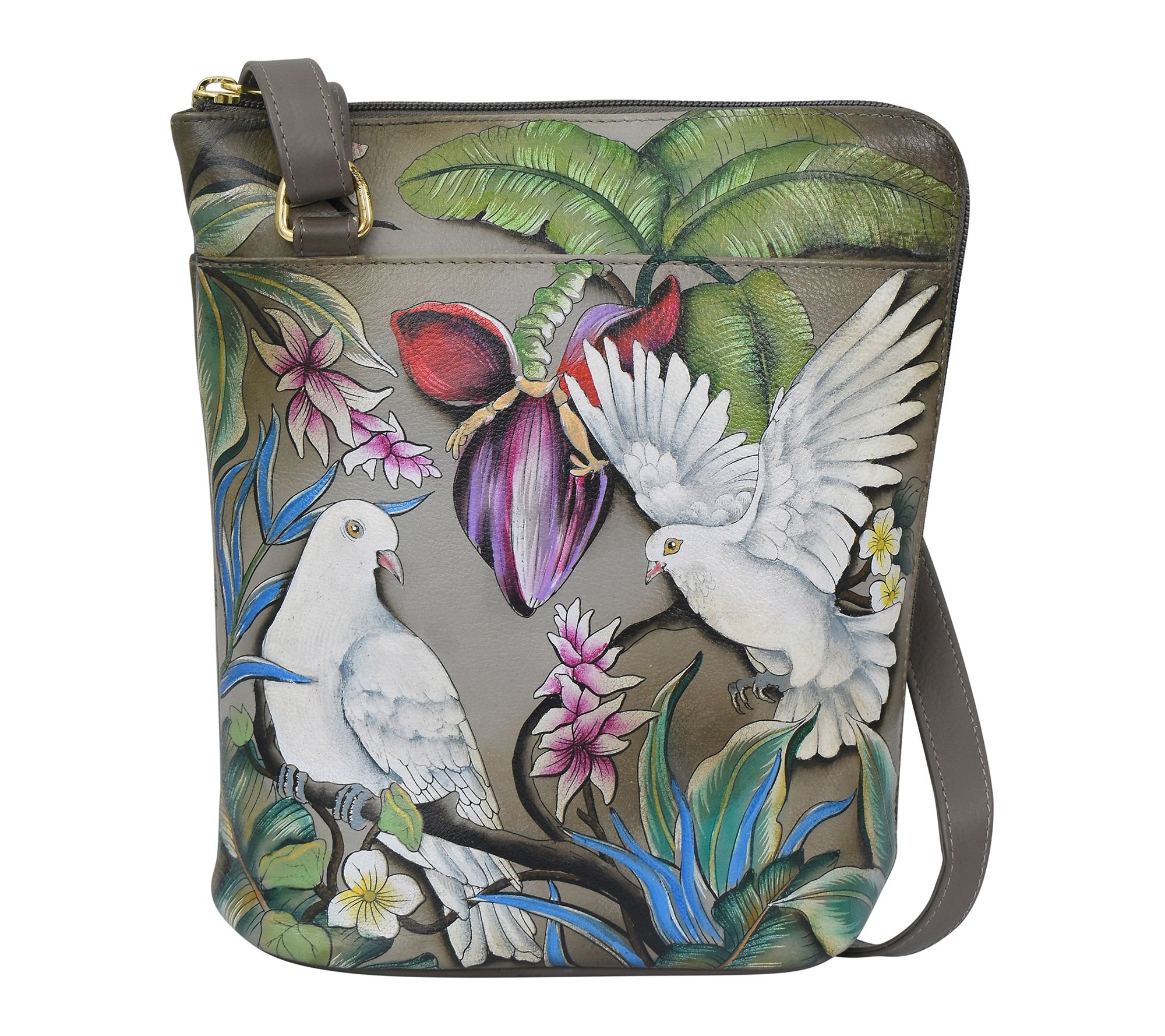 Anuschka Painte d Leather Cross body w/ Large Z ip Opening