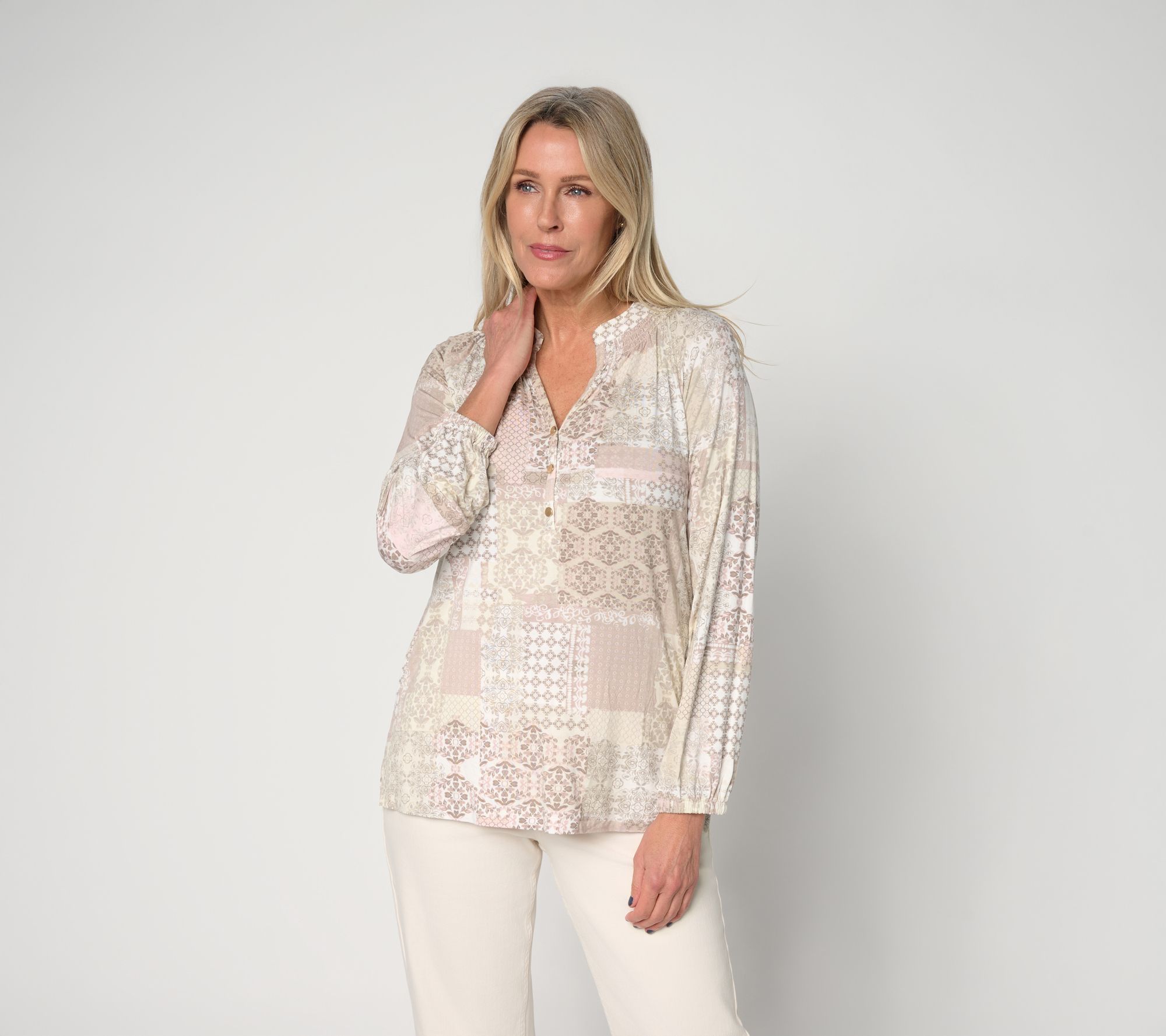 Belle by Kim Gravel Rayon Spandex Patchwork Popover Blouse