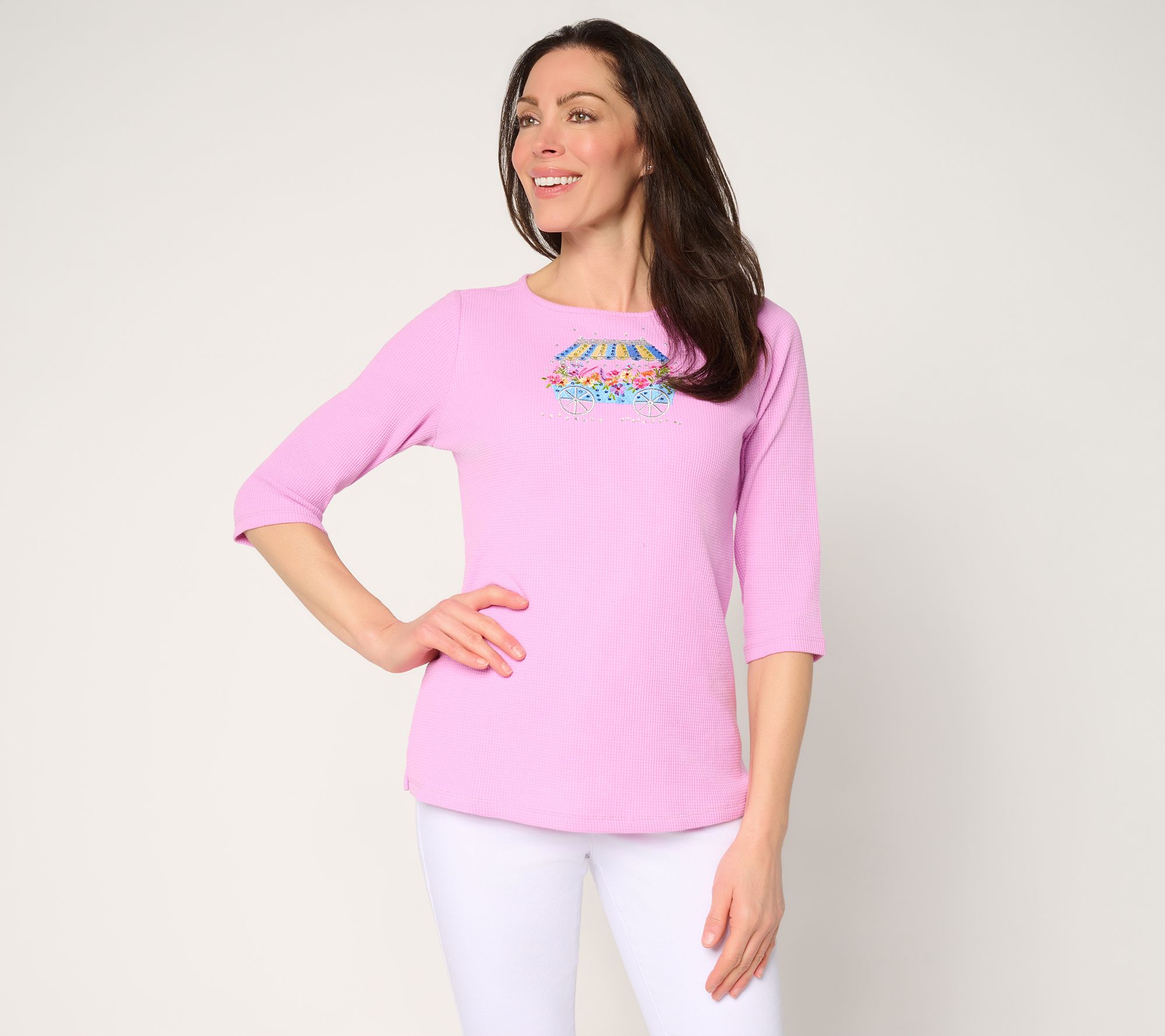 Quacker Factory Secret Garden Waffle Knit 3/4 Sleeve Top