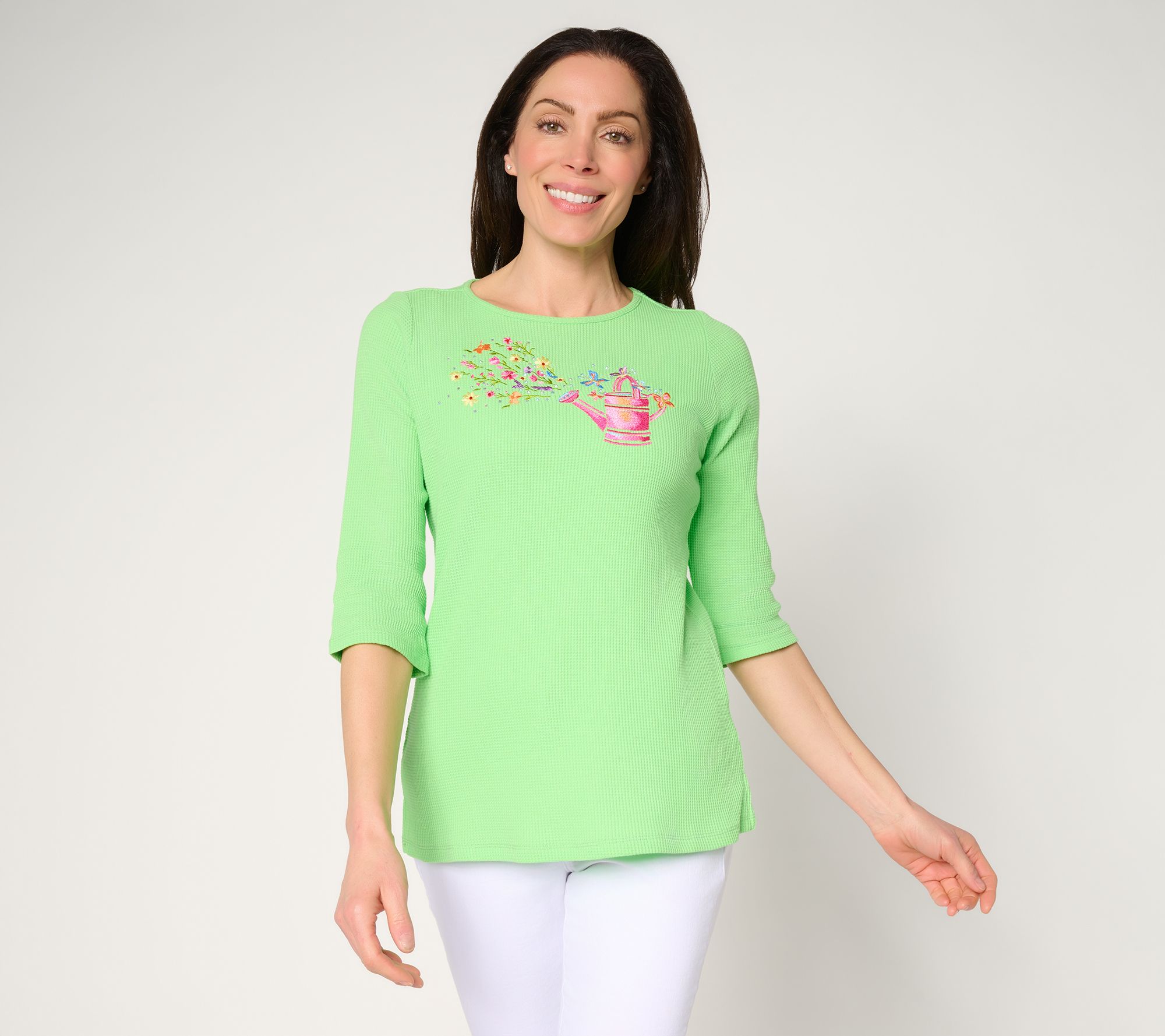 Quacker Factory Secret Garden Waffle Knit 3/4 Sleeve Top