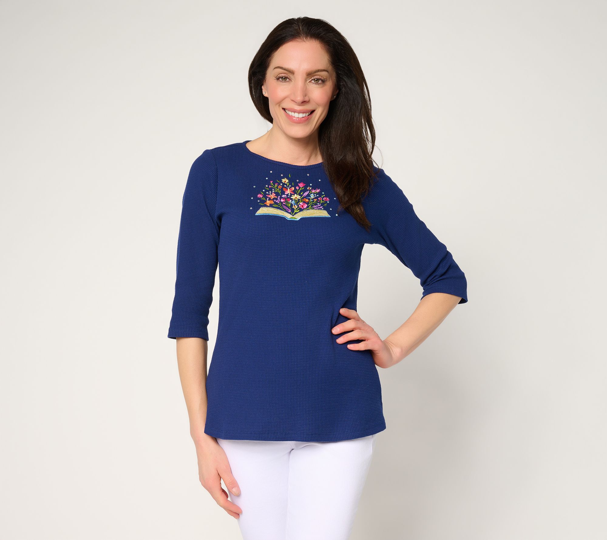 Quacker Factory Secret Garden Waffle Knit 3/4 Sleeve Top