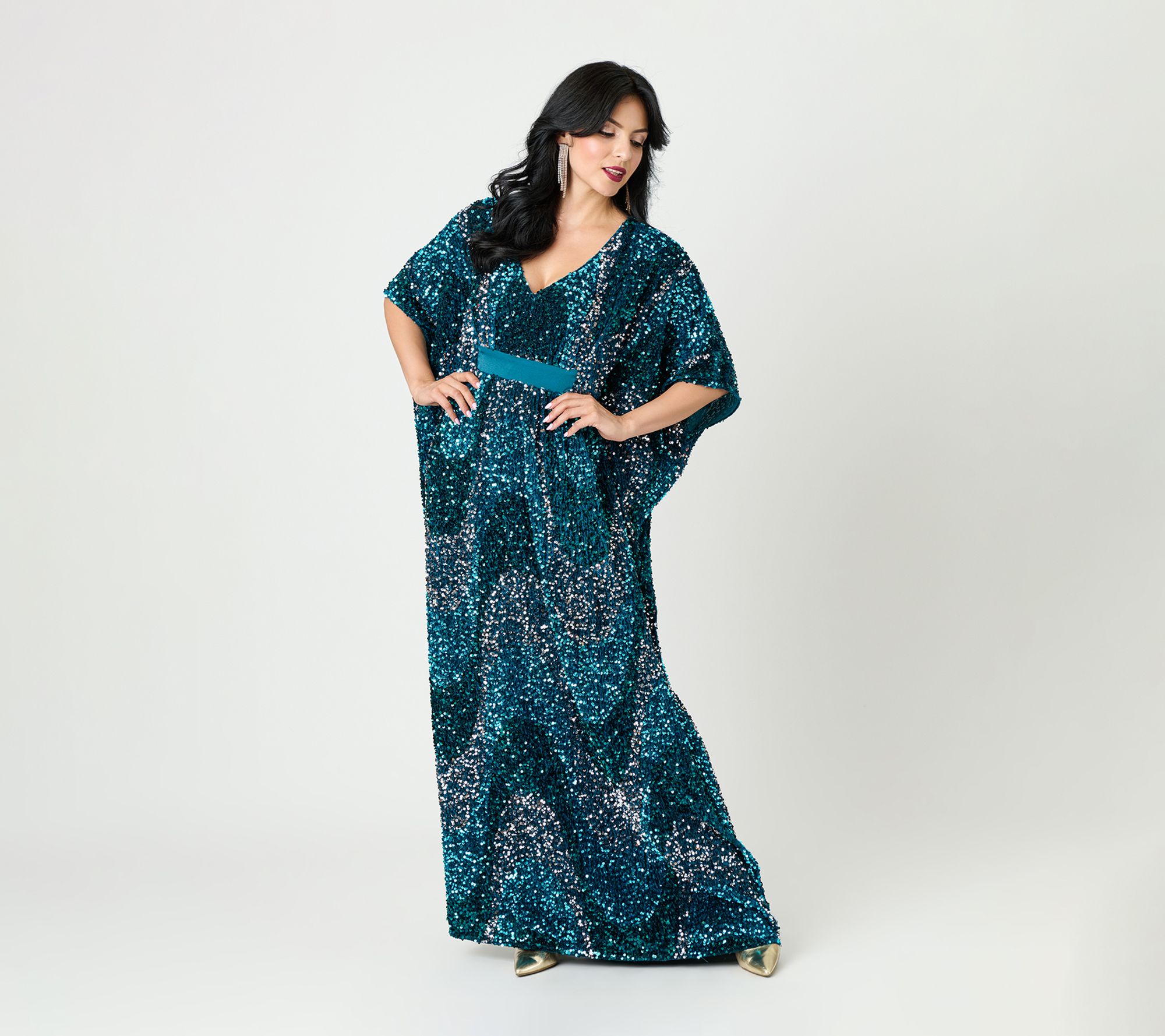 Unique Vintage Teal Sequin Burton Caftan Dress