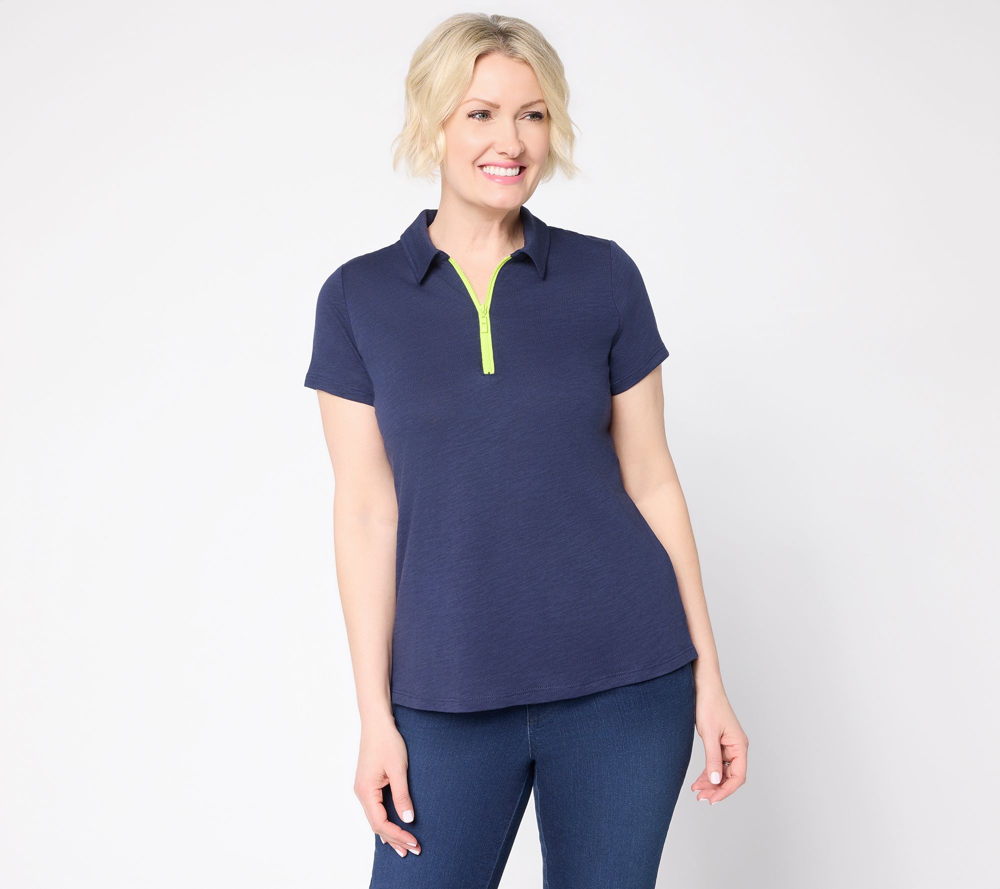 Belle by Kim Gravel Slub Knit Electric Pop Half Zip Polo