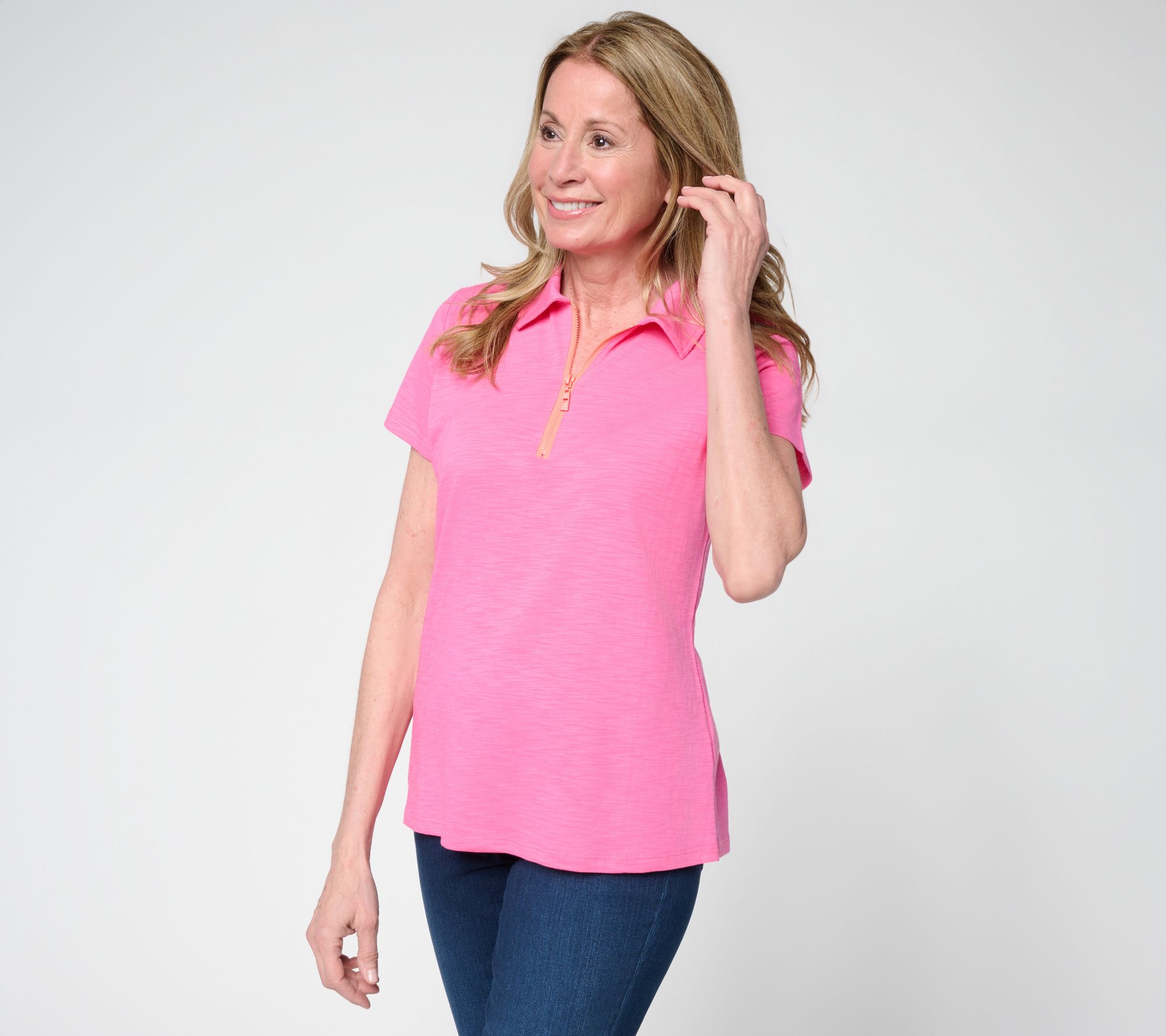 Belle by Kim Gravel Slub Knit Electric Pop Half Zip Polo