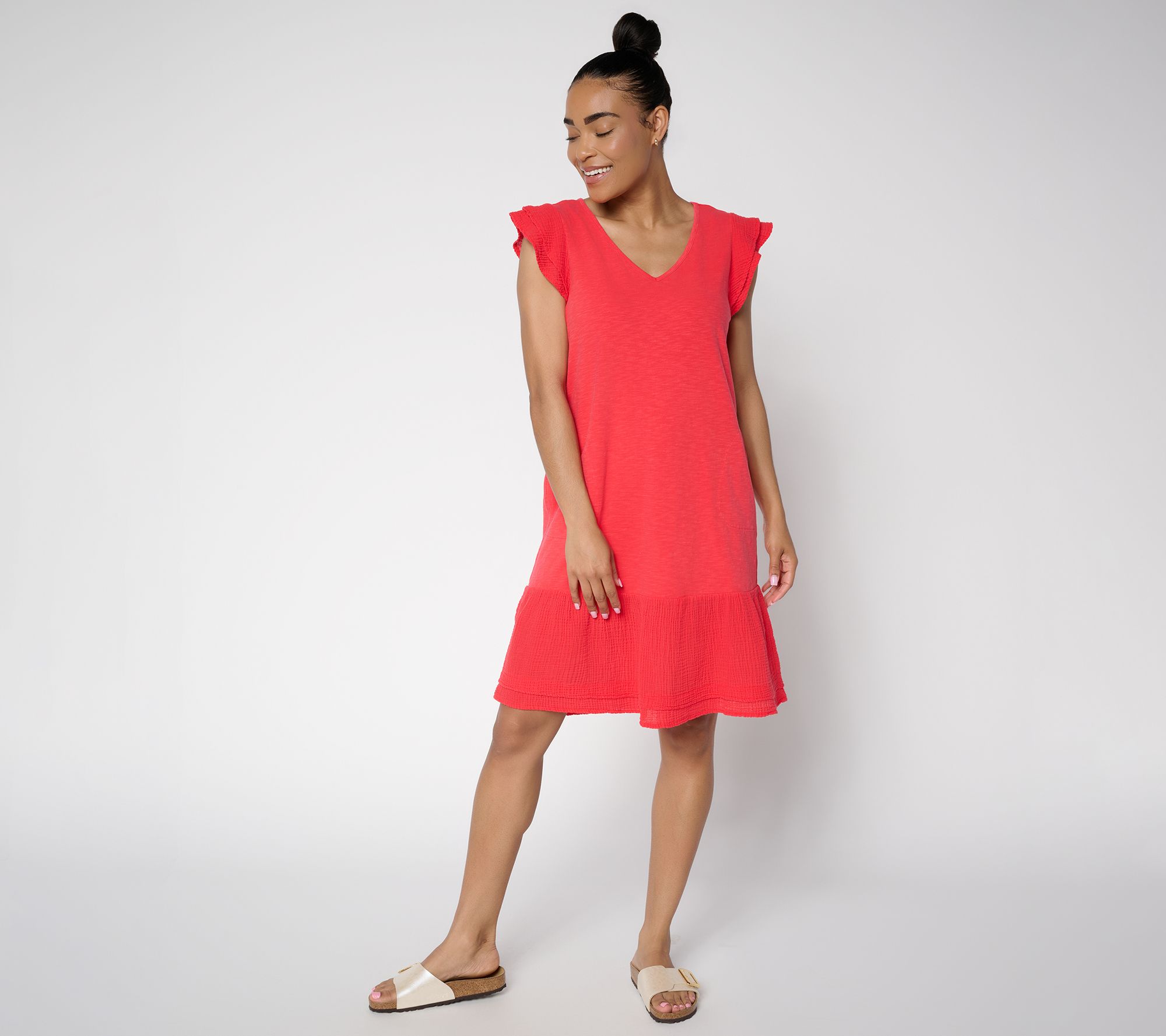 AnyBody Tall Cotton Slub Jersey and Gauze Mix Dress