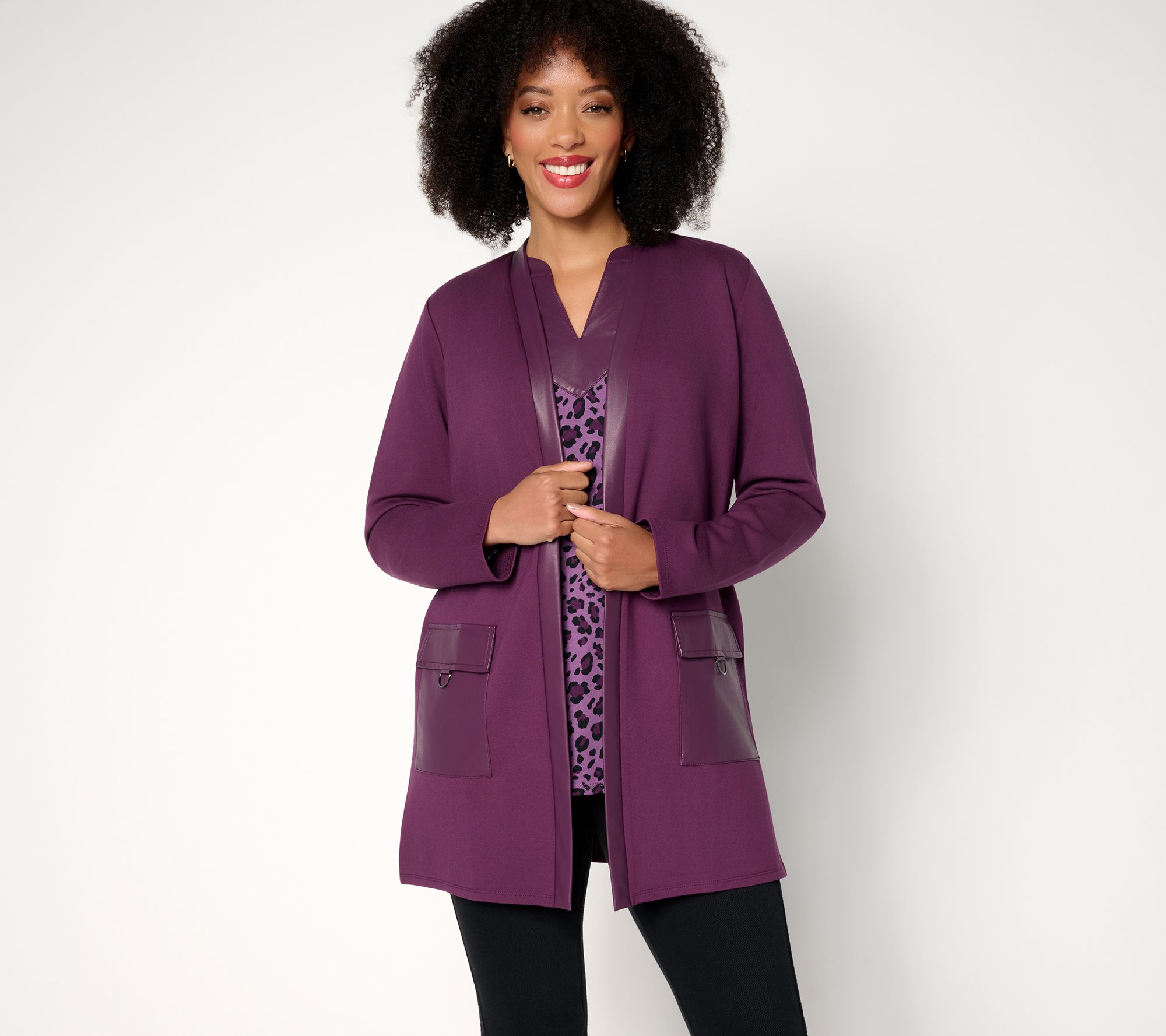 "As Is" Belle by Kim Gravel Petite Ponte Duster w/ Faux Leather Trim