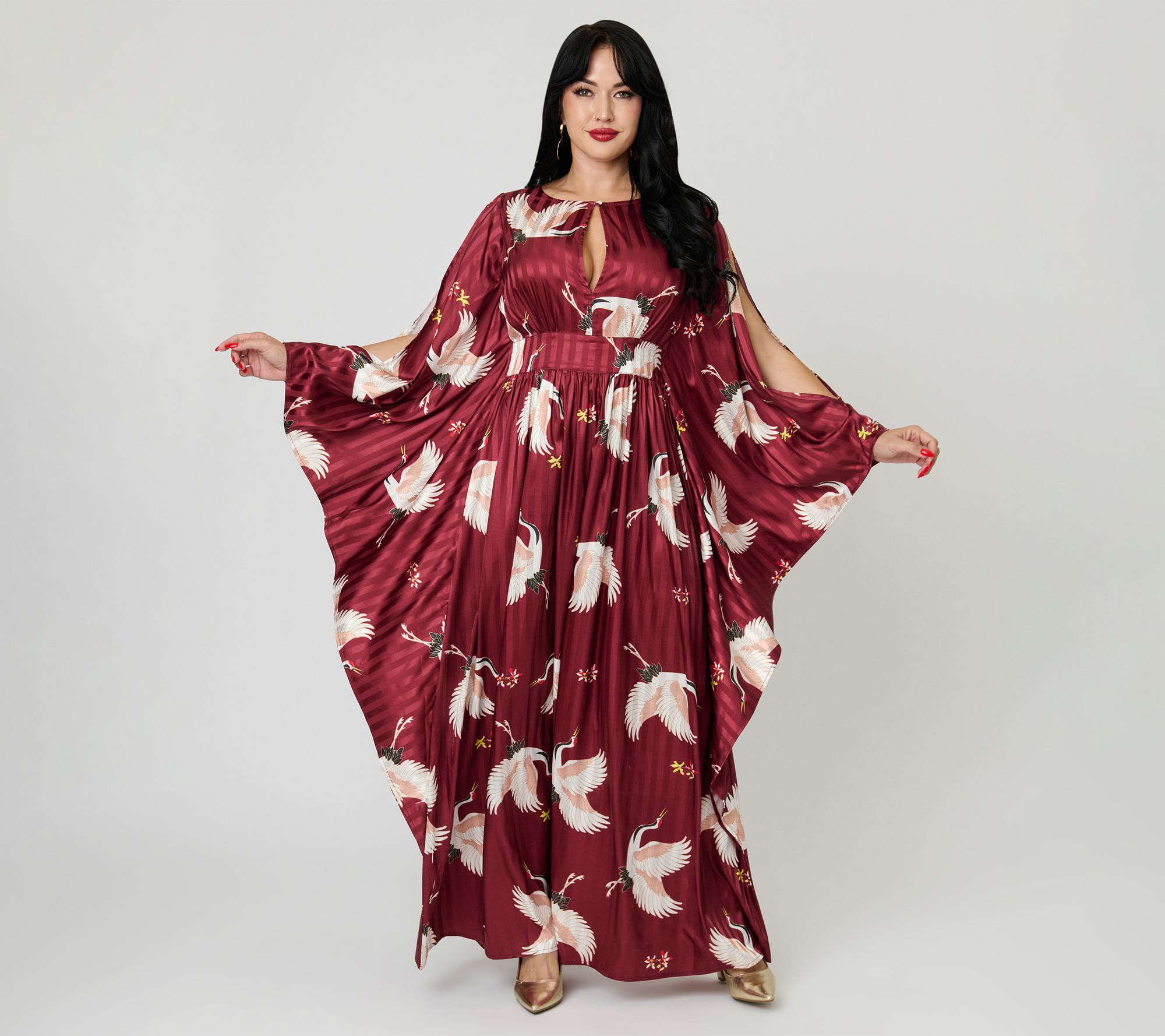  Unique Vintage Burgundy Crane Flutter Sleeve Caftan Dress