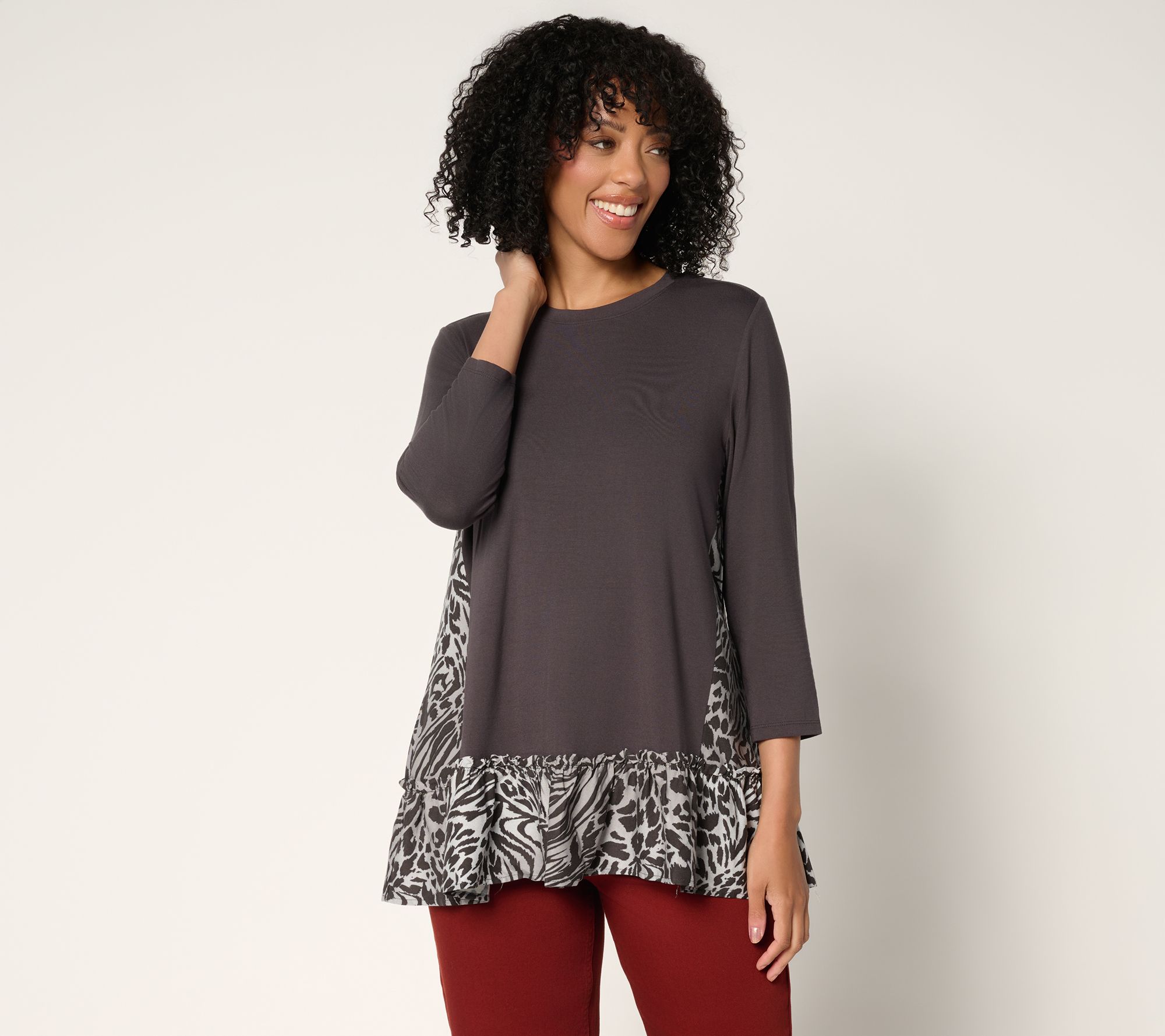 "As Is" LOGO by Lori Goldstein Mixed Media Top with Ruffle Hem