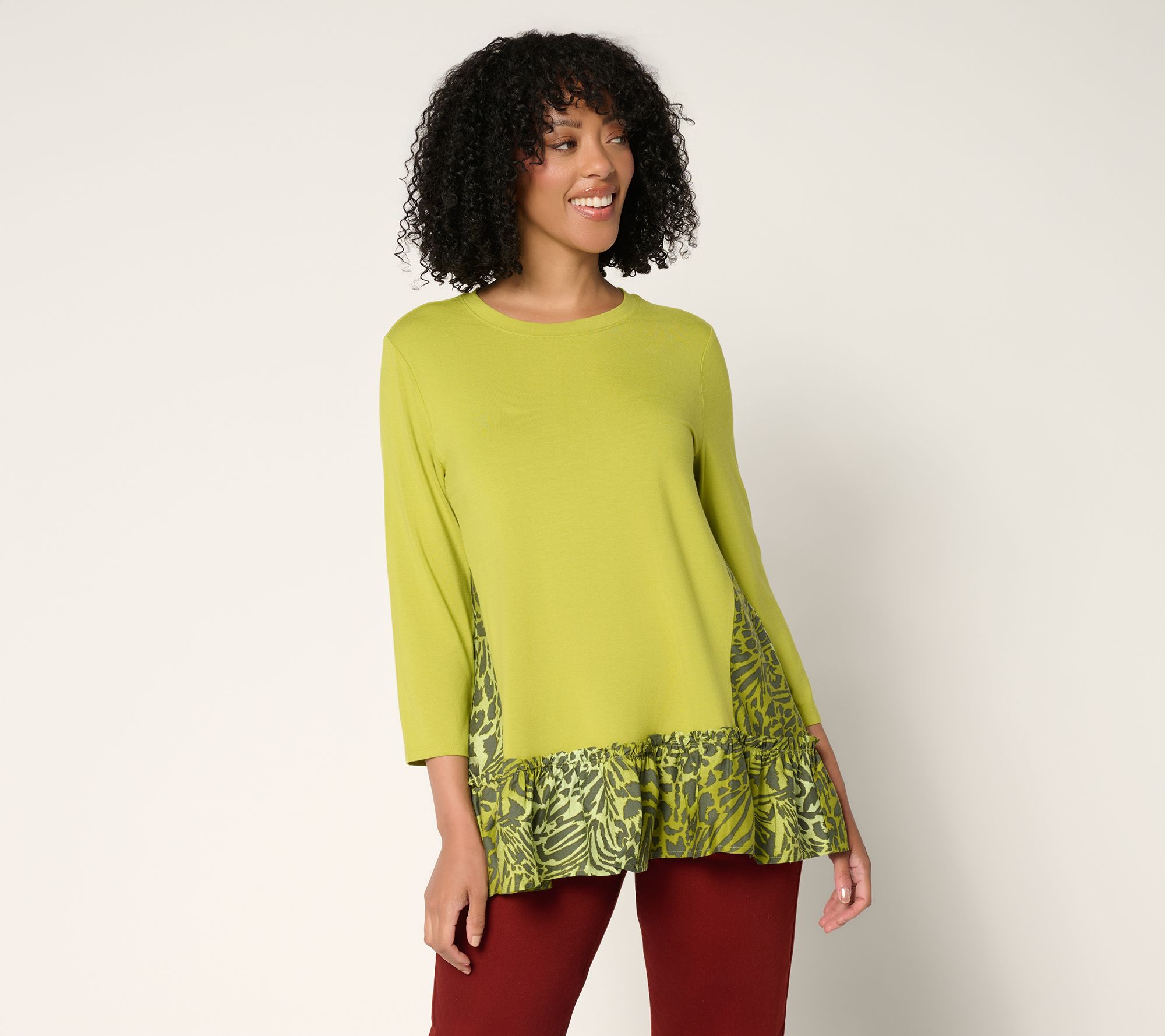 "As Is" LOGO by Lori Goldstein Mixed Media Top with Ruffle Hem