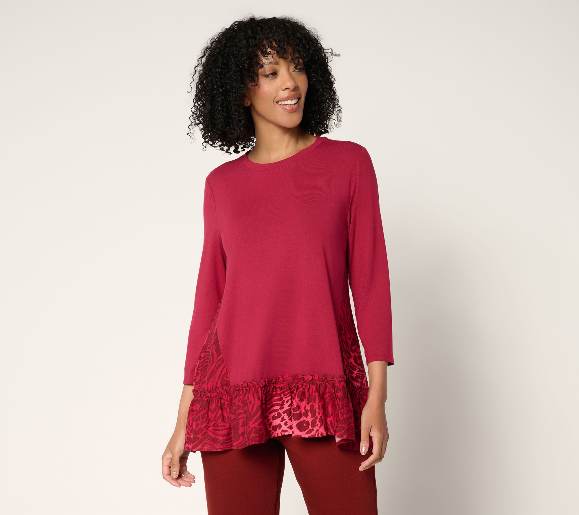 "As Is" LOGO by Lori Goldstein Mixed Media Top with Ruffle Hem