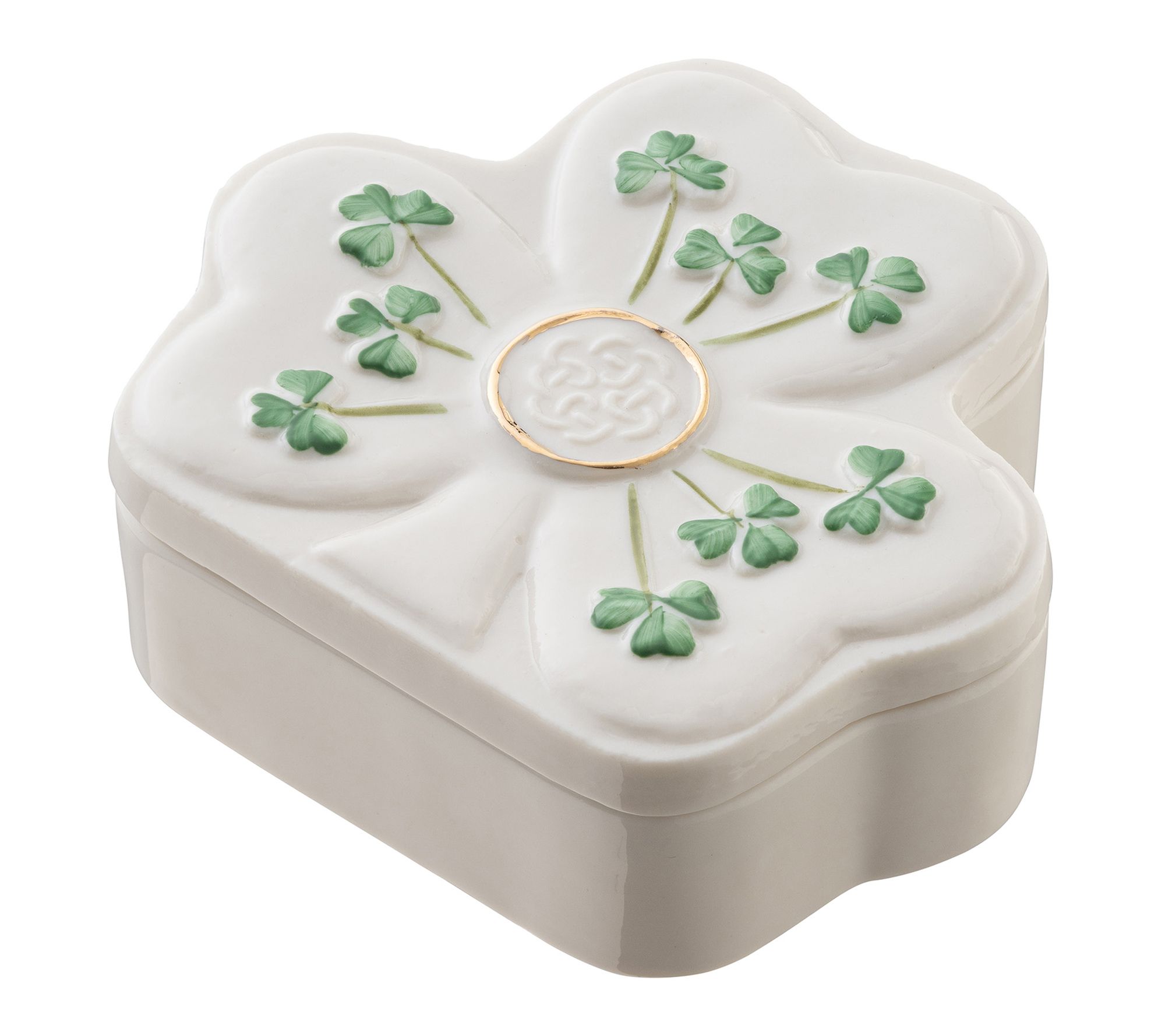 Belleek Shamrock Shaped Trinket Box
