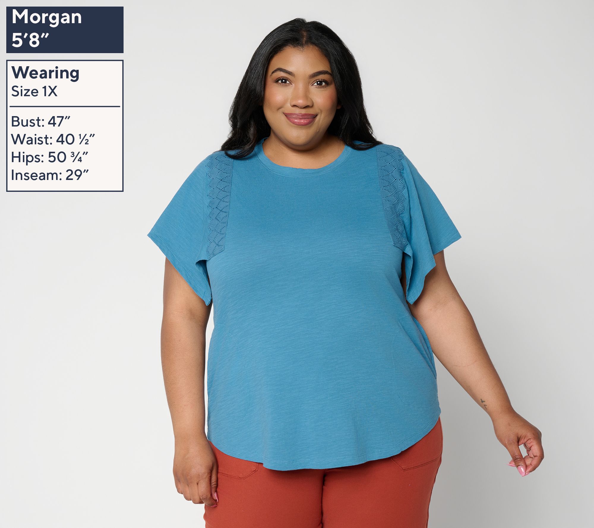 LOGO by Lori Goldstein Flutter Sleeve Cotton Knit Lace Trim Top