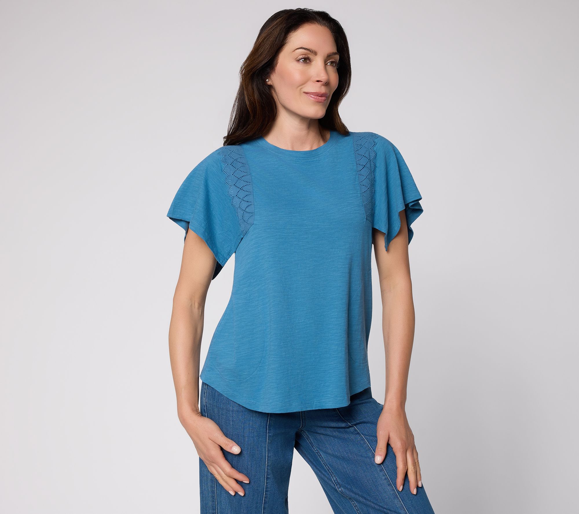 LOGO by Lori Goldstein Flutter Sleeve Cotton Knit Lace Trim Top