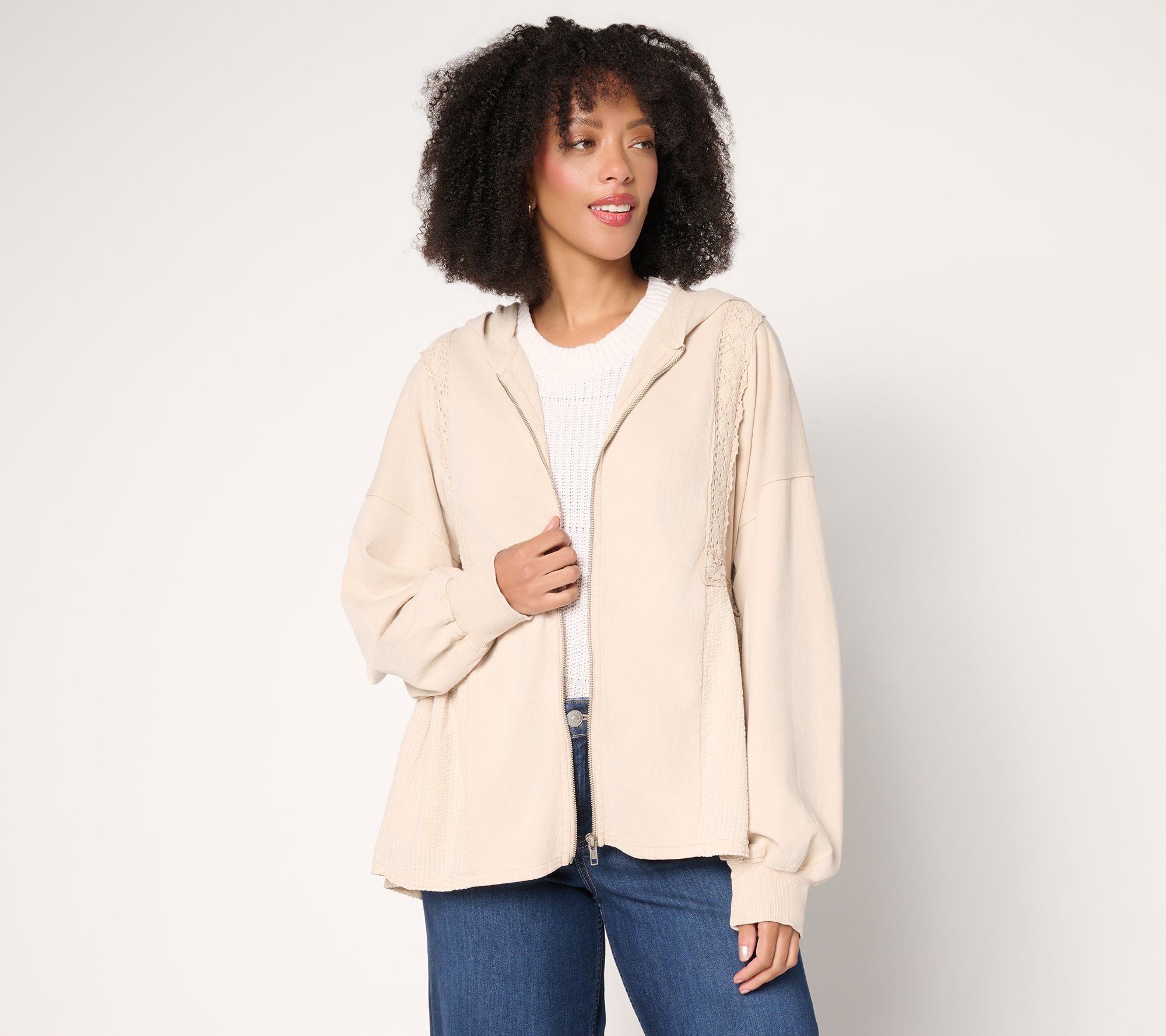 "As Is" LOGO Lavish by Lori Goldstein Zip Front Lace Trim Knit Jacket