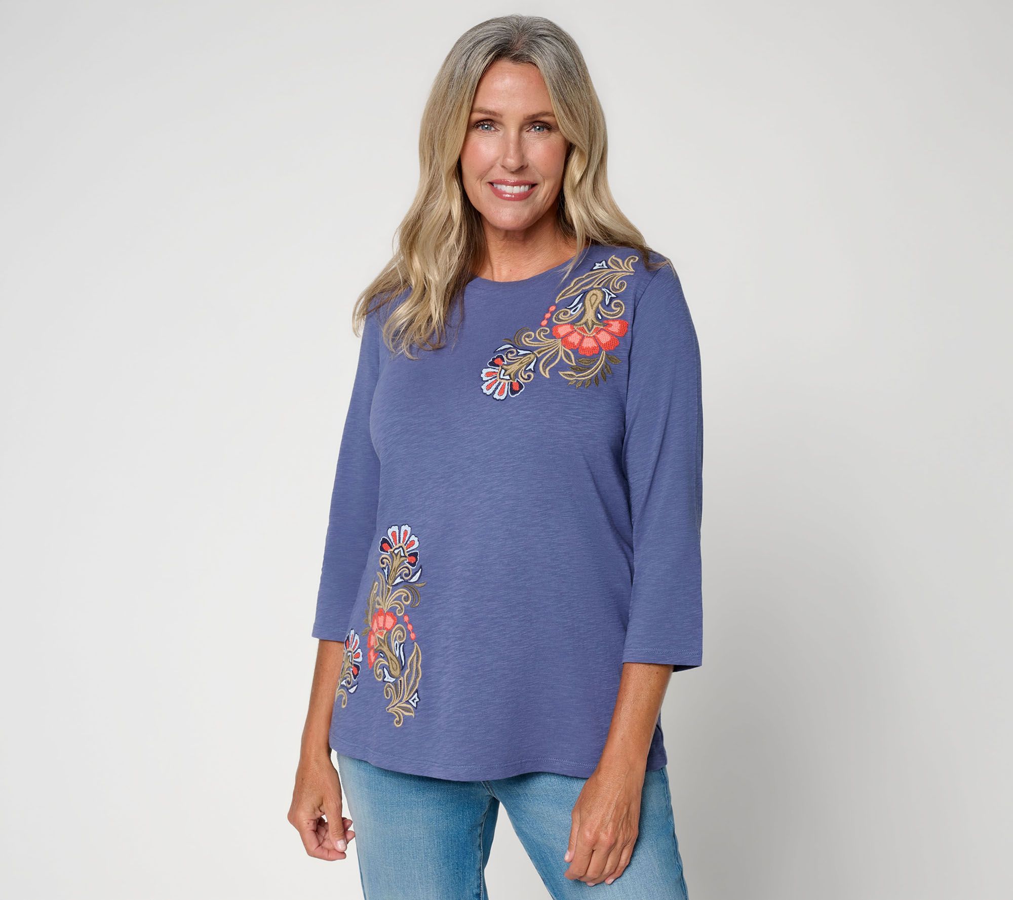Denim & Co. Slub Jersey 3/4 Sleeve Embroidered Scoop Neck Top