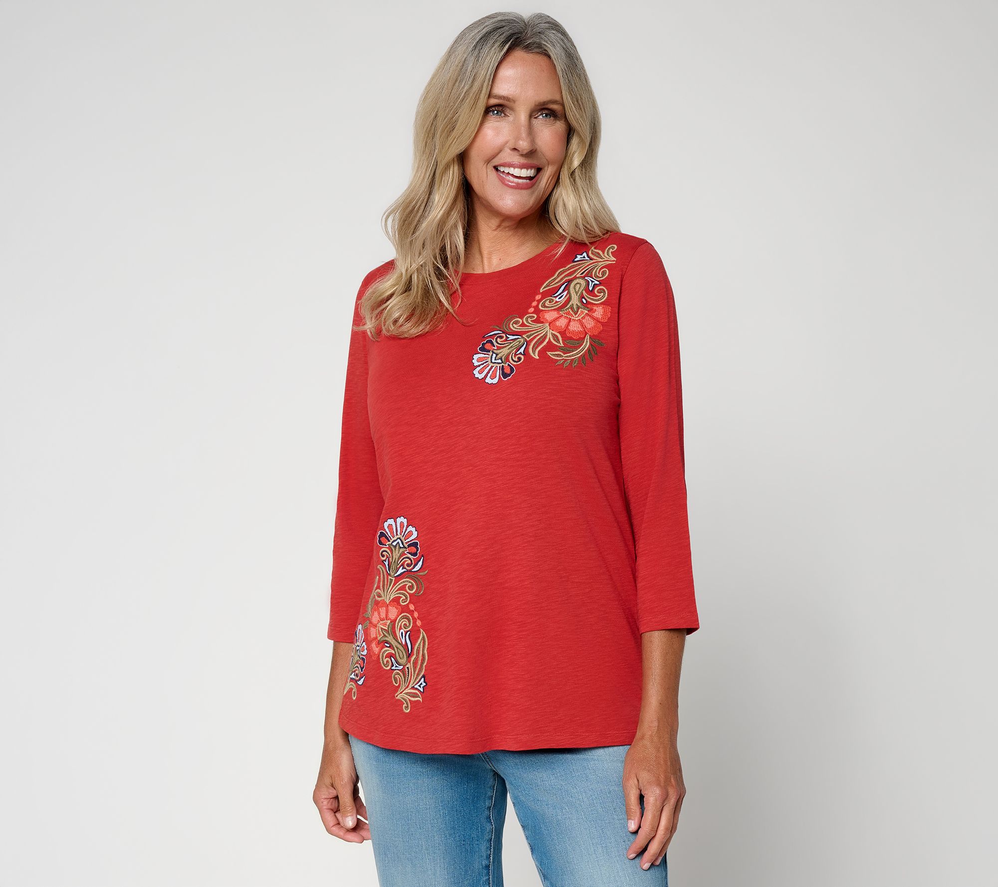 Denim & Co. Slub Jersey 3/4 Sleeve Embroidered Scoop Neck Top