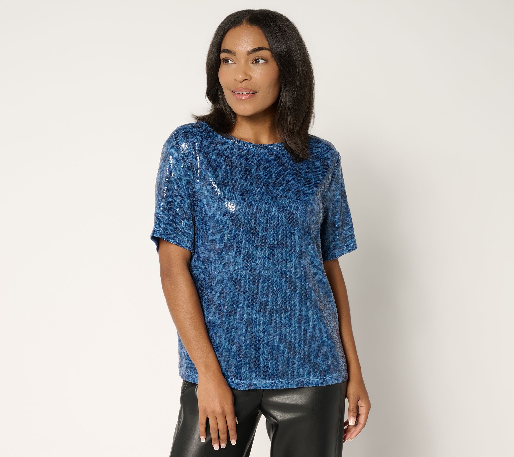 "As Is" Susan Graver Occasion Printed Sequin Short Sleeve Top
