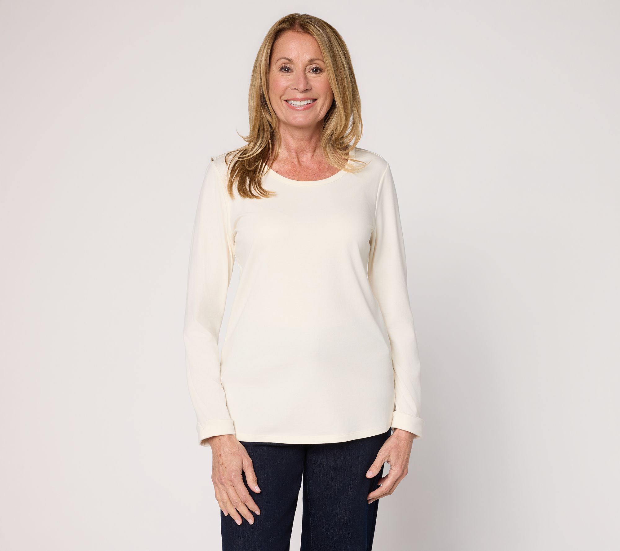 "As Is" Denim & Co. Essentials Favorite Jersey Scoop Neck Top w/ Cuff Detail